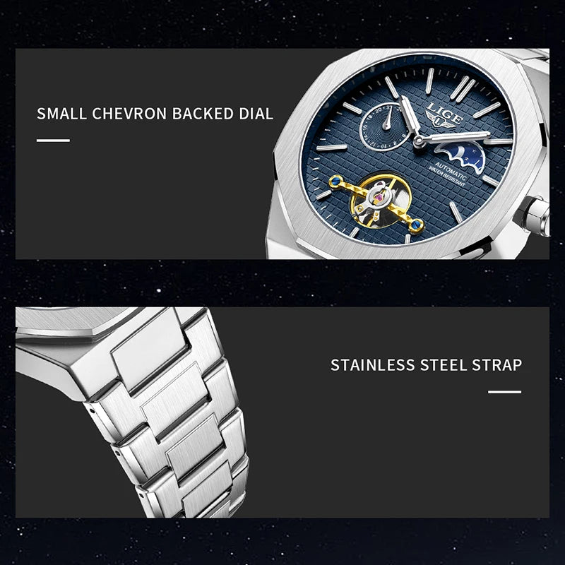 LIGE 2025 New Mechanical Watches Men Fashion Luxury Automatic Mens Watch Waterproof Luminous Tourbillon Wristwatch Reloj Hombre