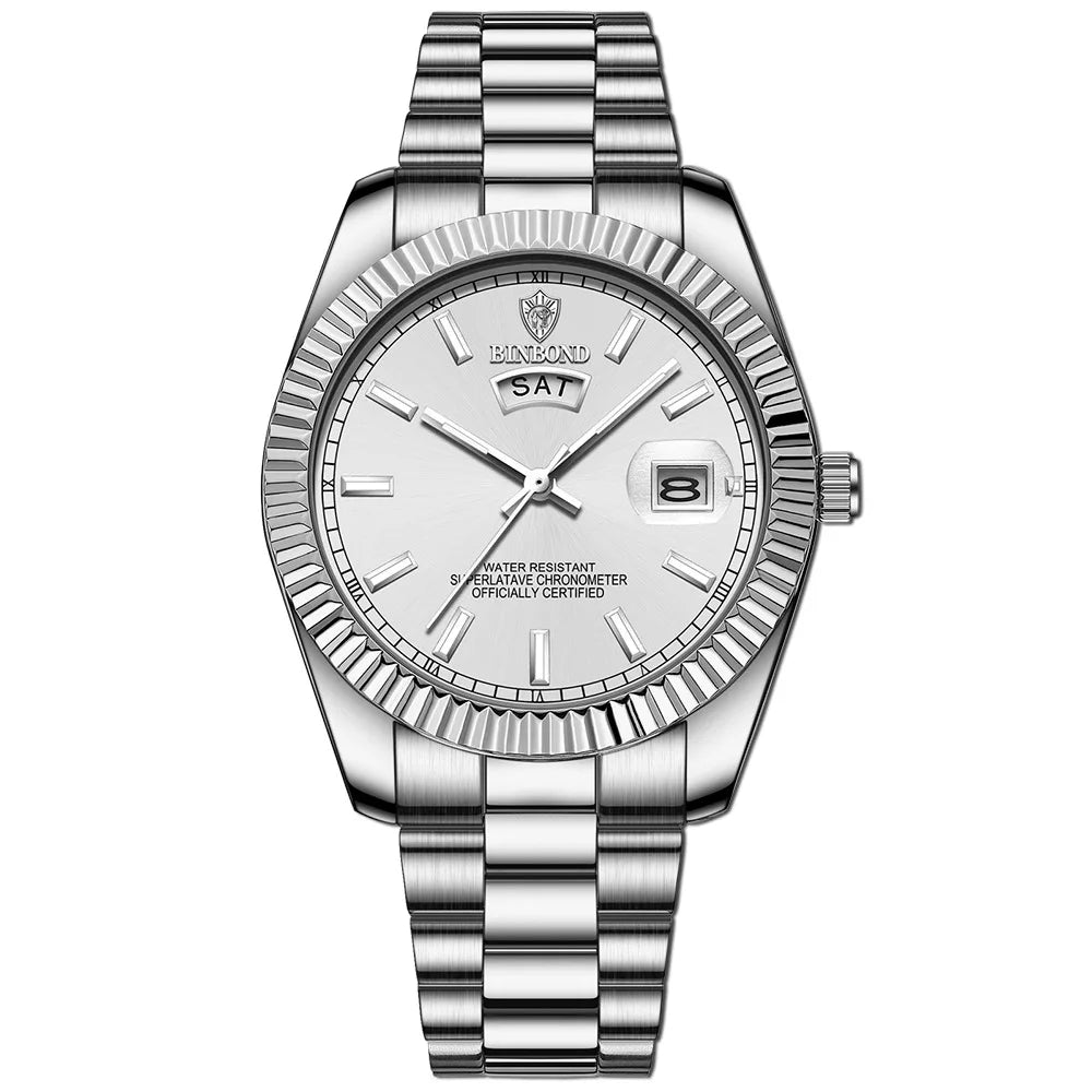 BINBOND Mens Quartz Watch Top Brand Sports Quartz Mens Watches Stainless Steel Waterproof Date Week Wristwatch Men Relogio