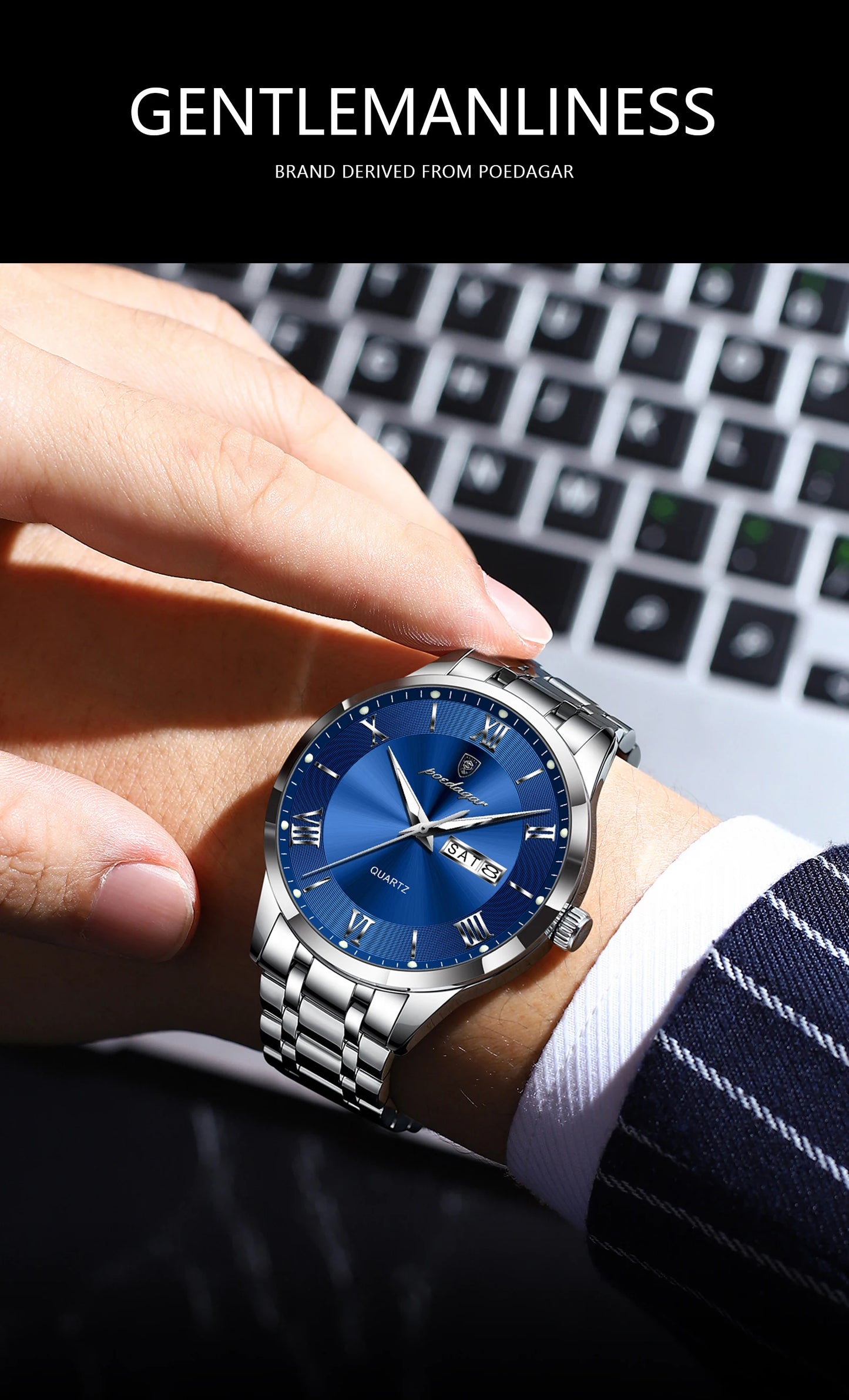 POEDAGAR Luxury Casual Watch For Man Date Week Waterproof Luminous Stainless Steel Men Watch Sport Quartz Men's Watches Male+Box