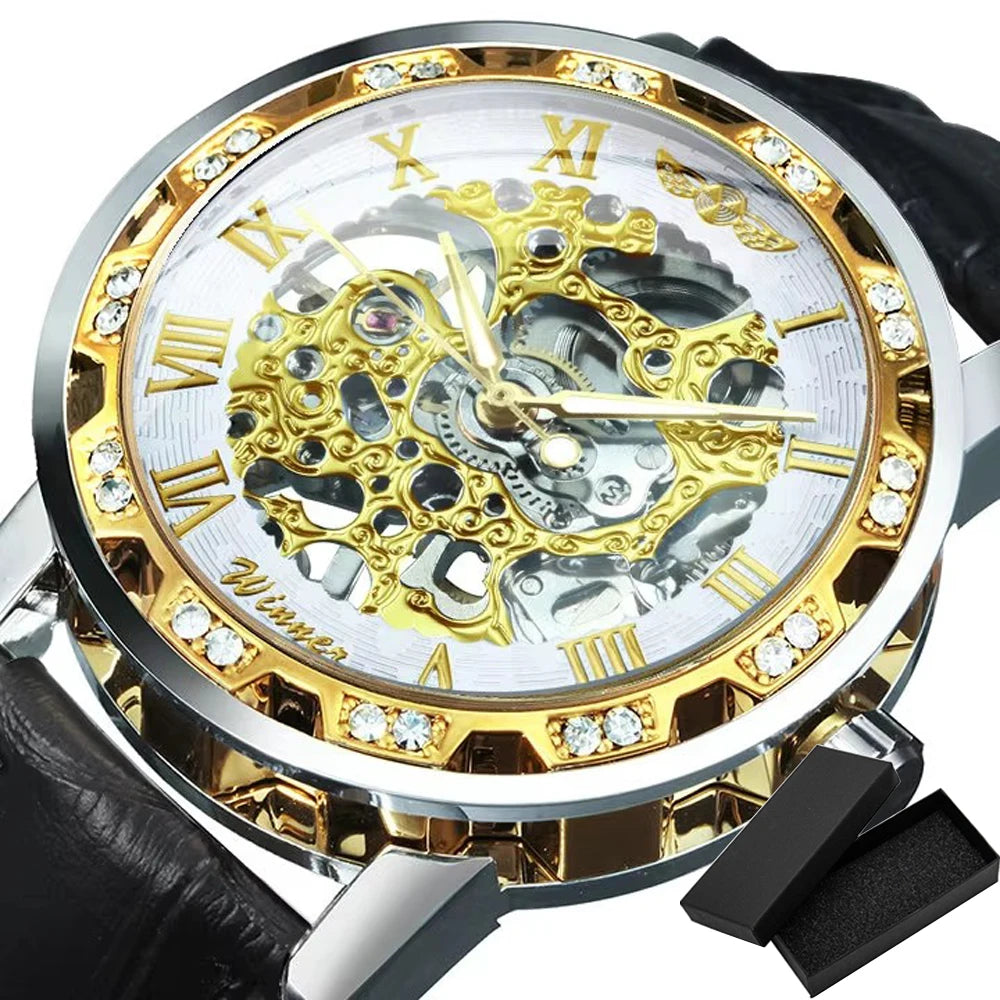 Fashion Top Brand Winner Mechanical Watch For Women Luxury Watches Diamond Skeleton Dial Leather Strap Unisex Size Wristwatches