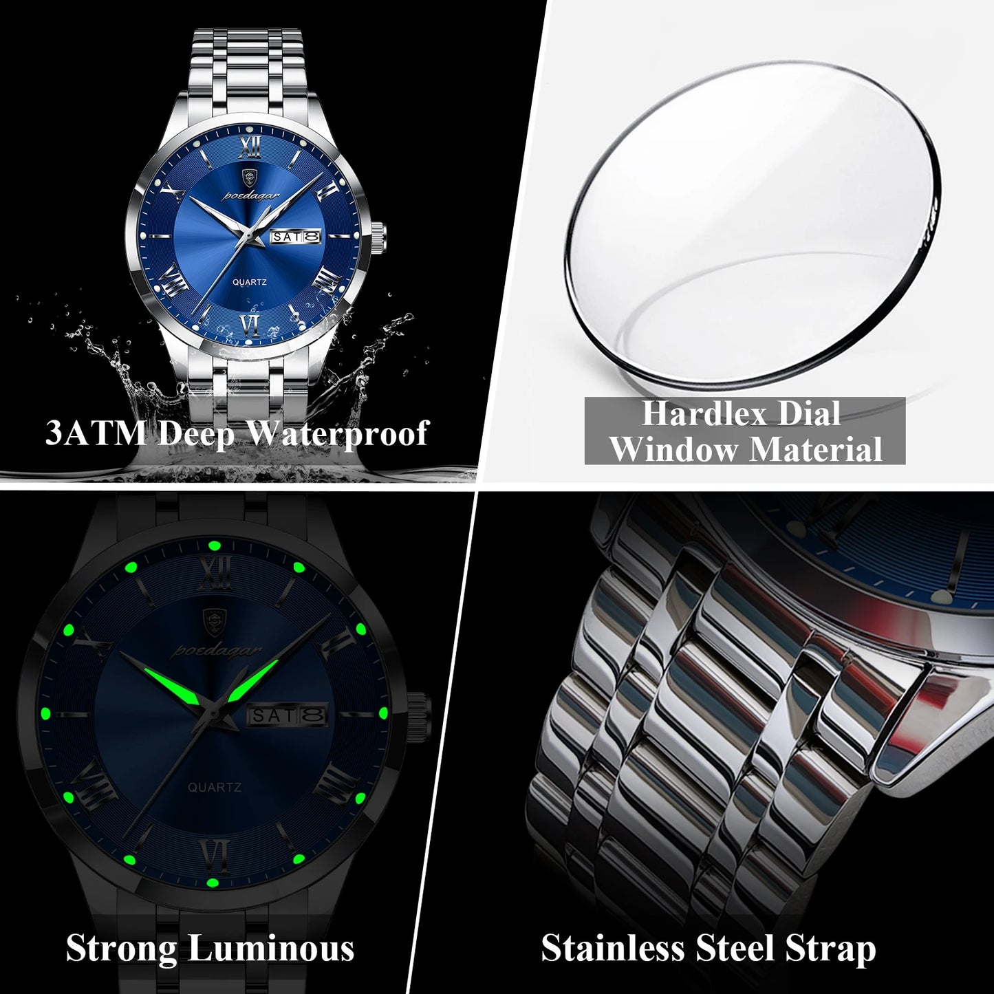 POEDAGAR Luxury Casual Watch For Man Date Week Waterproof Luminous Stainless Steel Men Watch Sport Quartz Men's Watches Male+Box