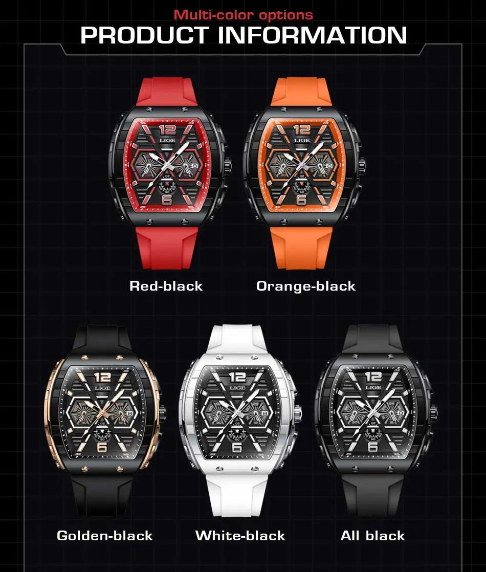 LIGE Men Watch Fashion Luxury Waterproof Quartz Wristwatch Luminous Casual Sports Silicone Strap Clock Auto Date Man Watches+Box