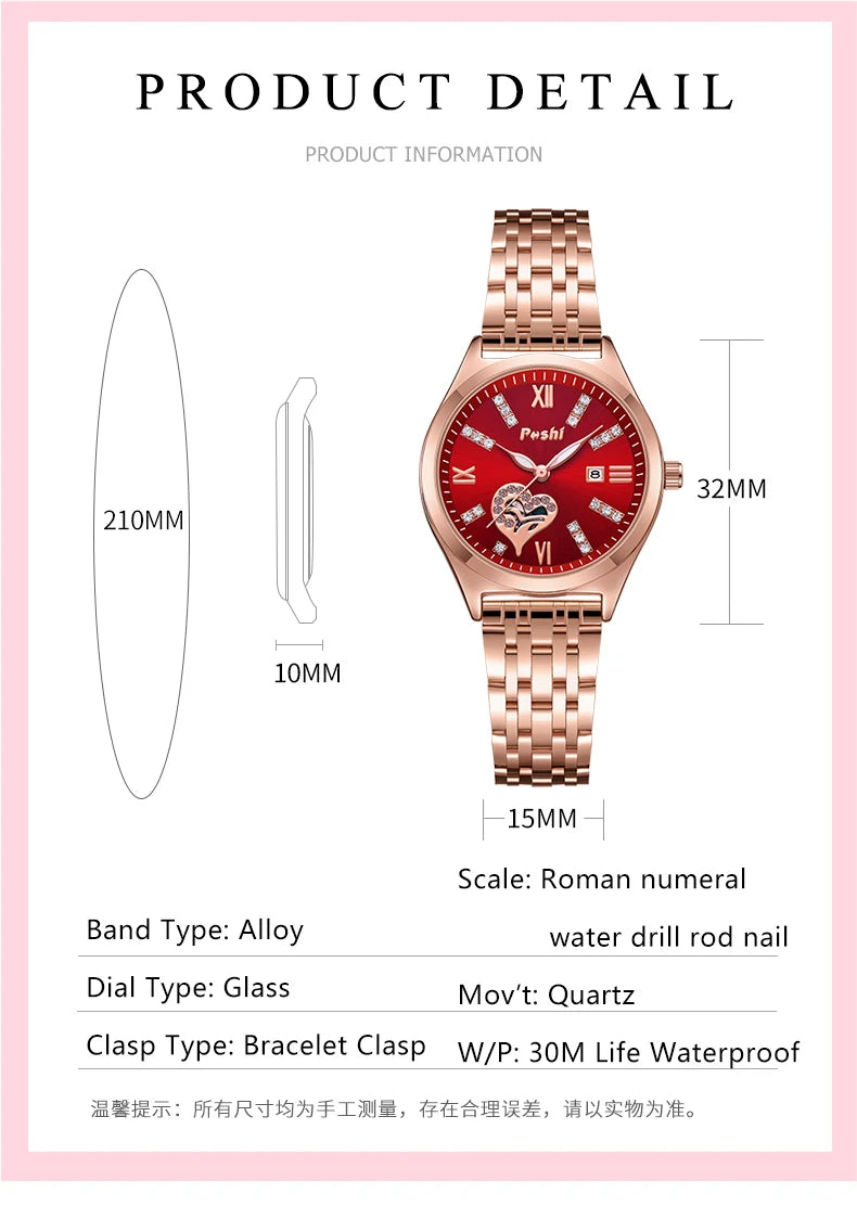 POSHI Women Watches Fashion Stainless Steel Date Ladies Wristwatch Waterproof Quarzt Watch Girlfriend Gift Relogio Feminino
