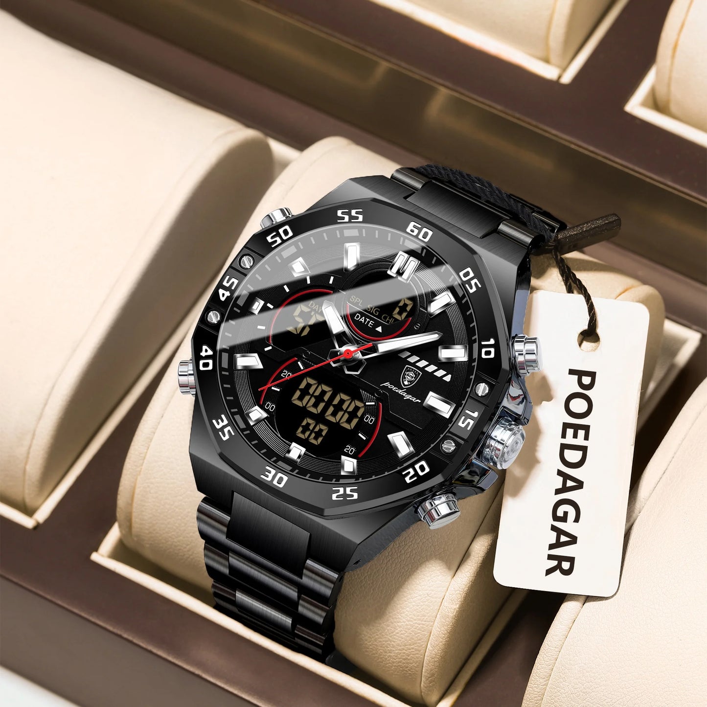 POEDAGAR Original Sports Men Wristwatch Week Date Waterproof LED Quartz Man Watch Stainless Steel Military Digital Men's Watches