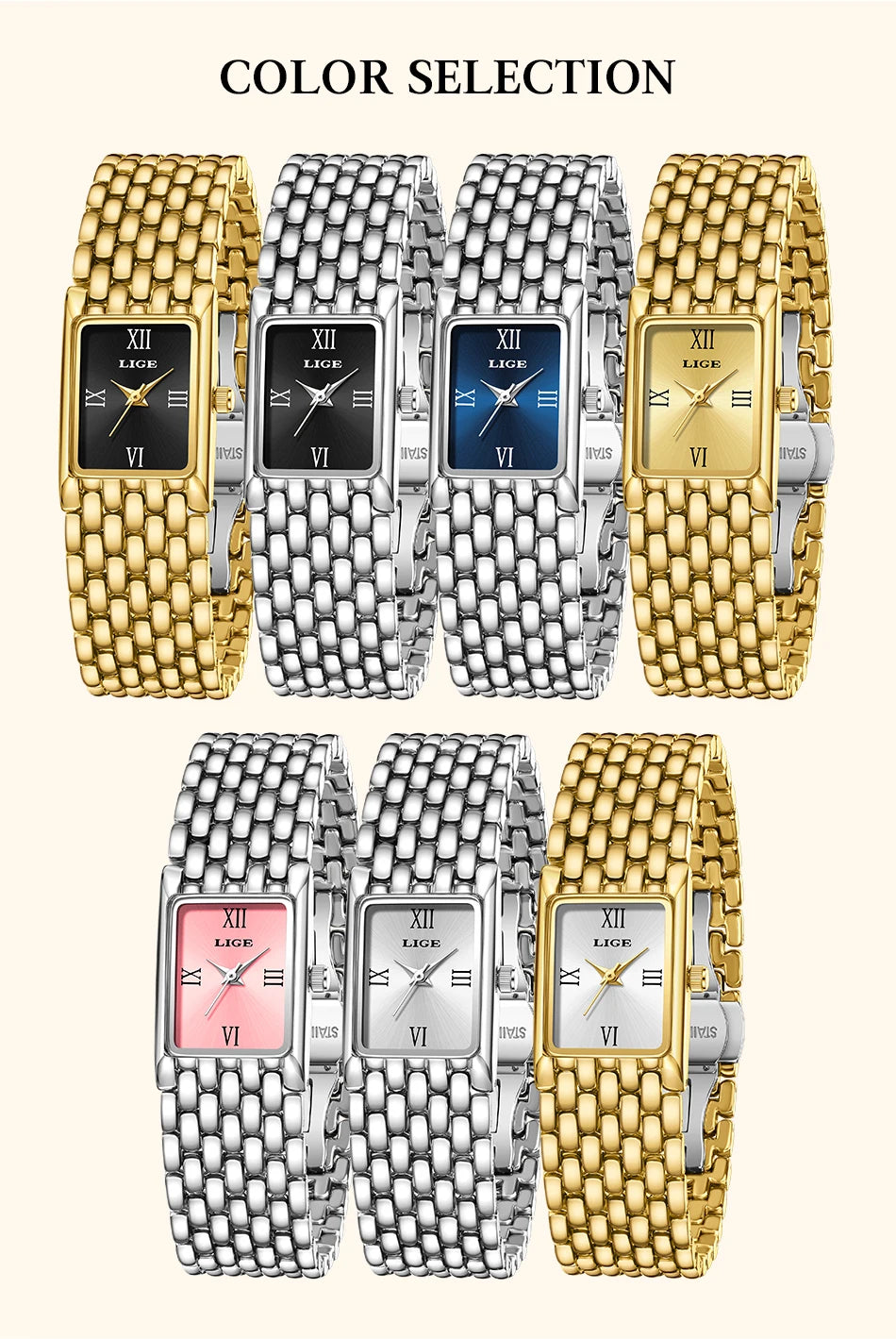 LIGE 2025 New Gold Women's Watch Luxury Quartz Watch Stainless Steel Bracelet Retro Fashion 30M Waterproof Watch for Women reloj