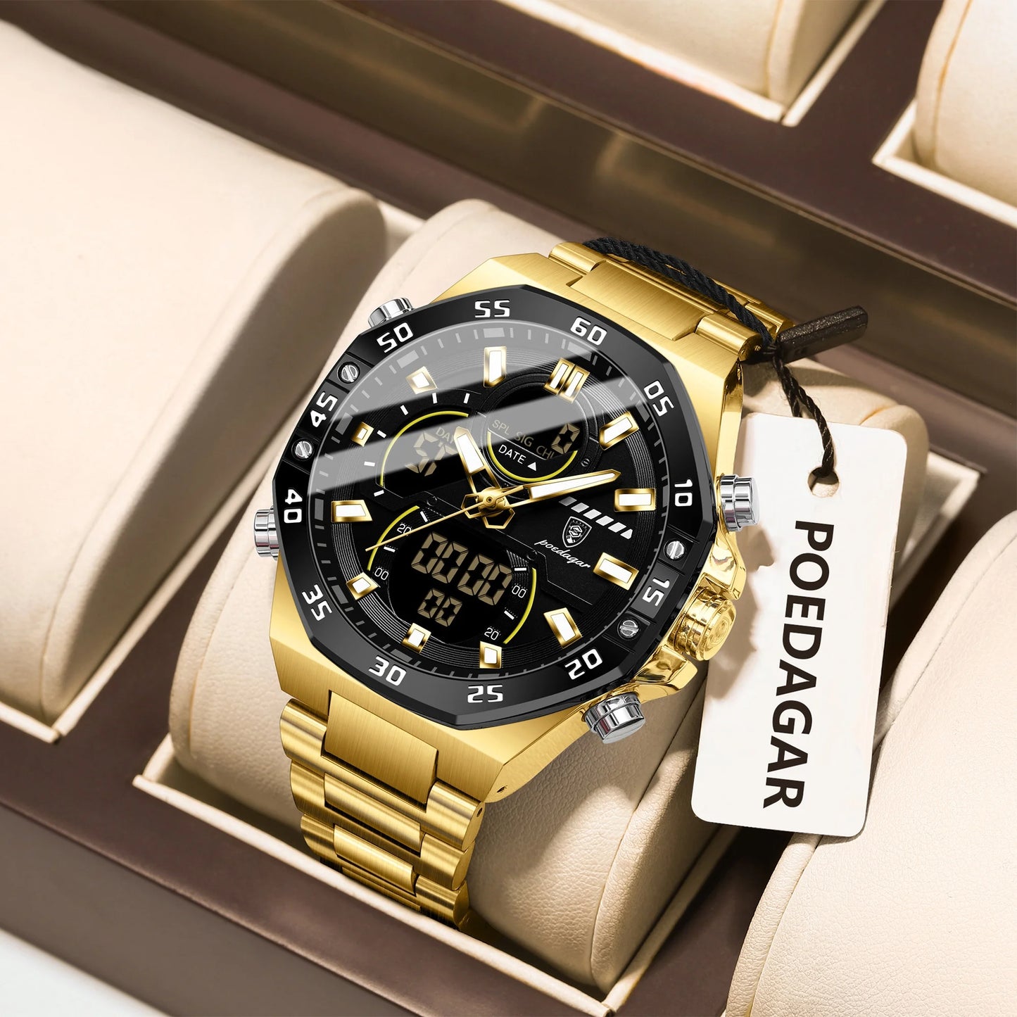 POEDAGAR Original Sports Men Wristwatch Week Date Waterproof LED Quartz Man Watch Stainless Steel Military Digital Men's Watches