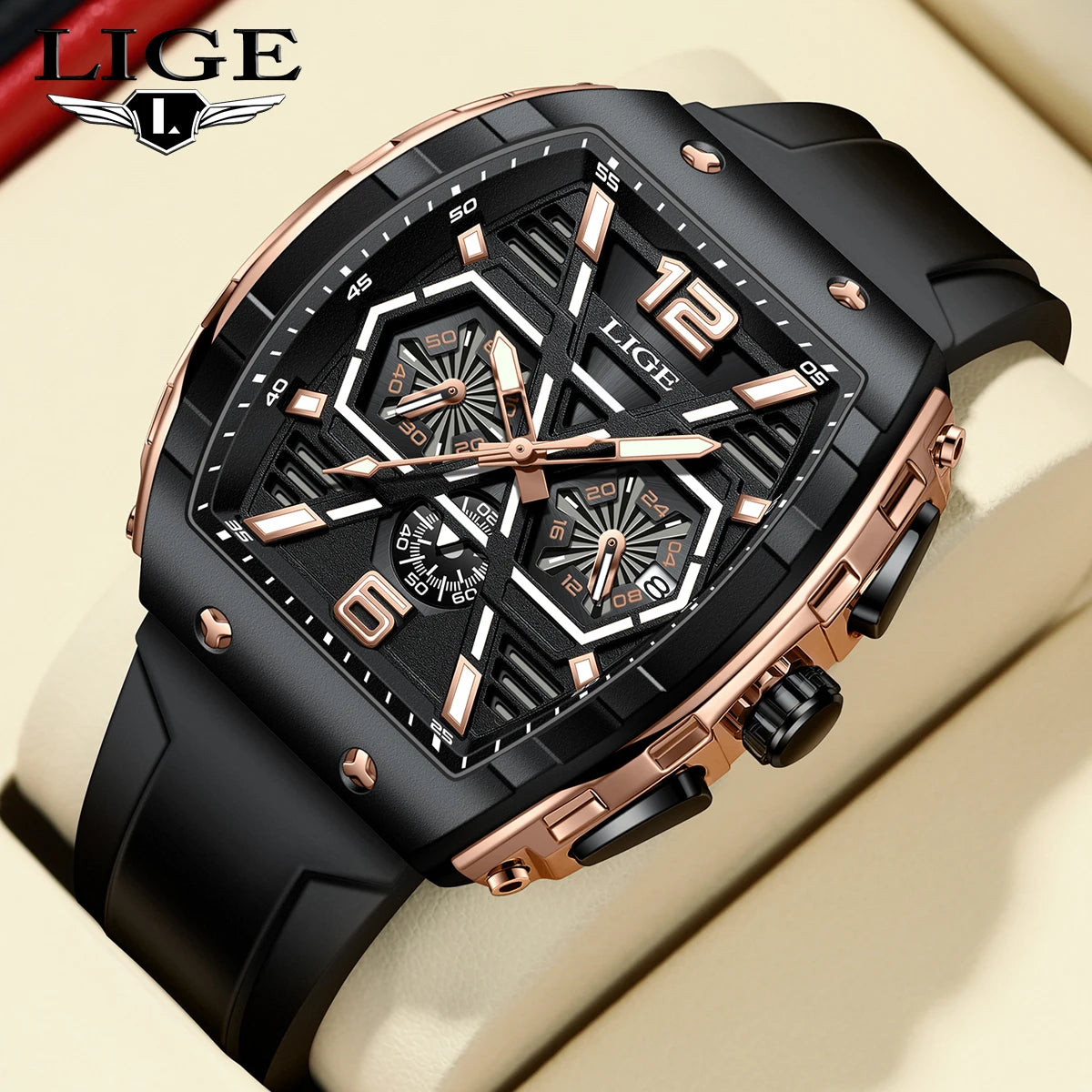 LIGE Men Watch Fashion Luxury Waterproof Quartz Wristwatch Luminous Casual Sports Silicone Strap Clock Auto Date Man Watches+Box