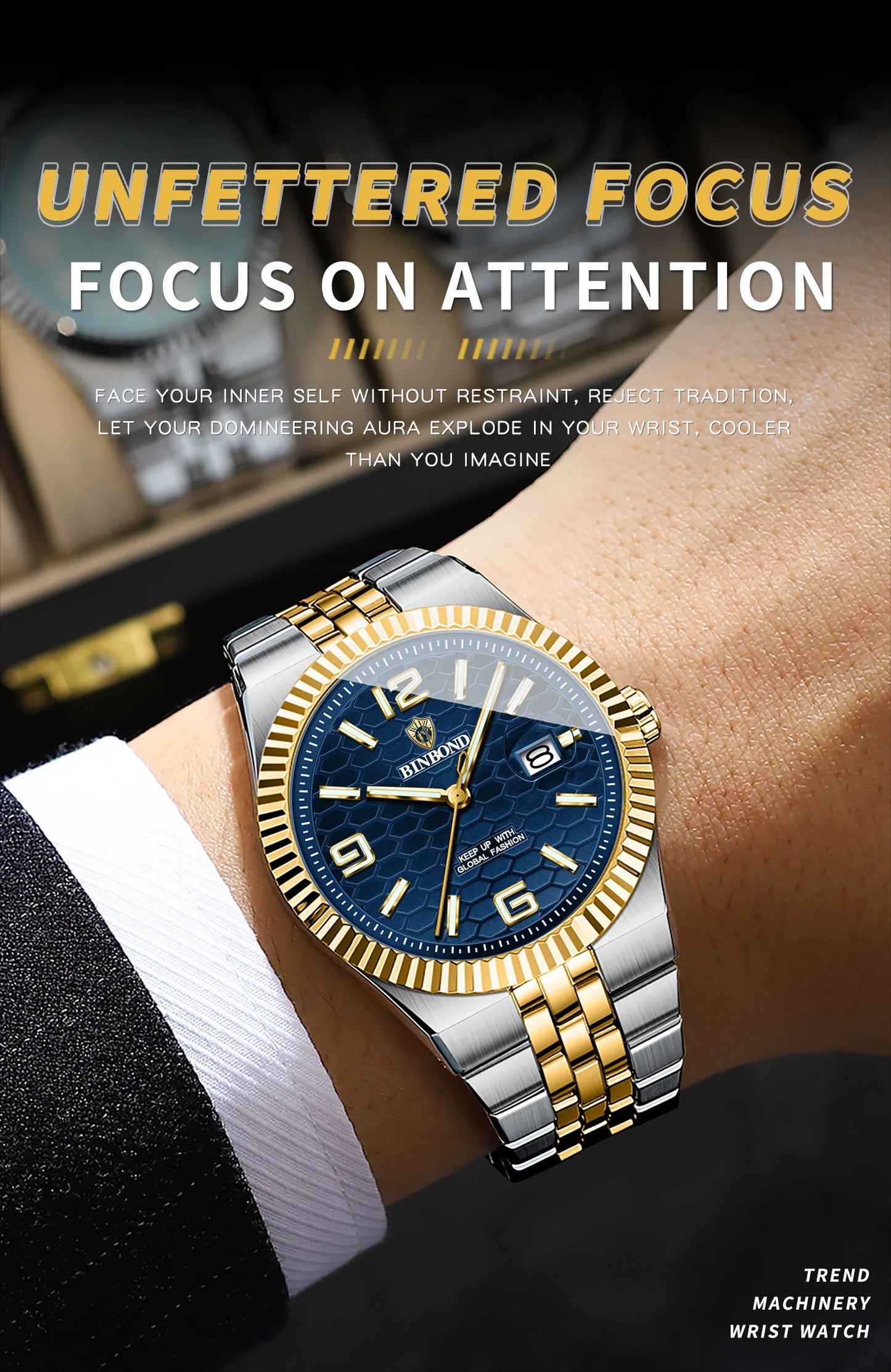 BINBOND Top Brand Luxury Men Quartz Watches Original Watch for Man Waterproof Luminous Date Week Stainless Steel Wristwatch Male