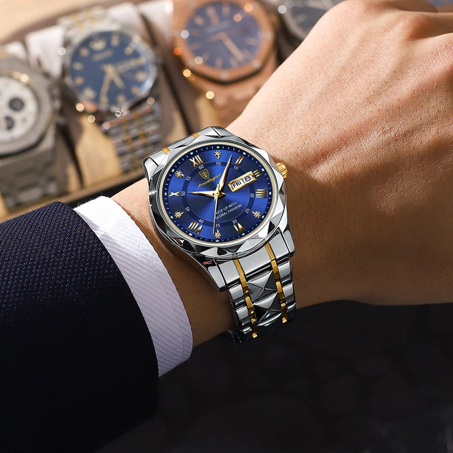 POEDAGAR Top Brand Luxury Men's Watches Waterproof Luminous Calendar Week Watch For Man Casual Stainless Steel Quartz Men Watch