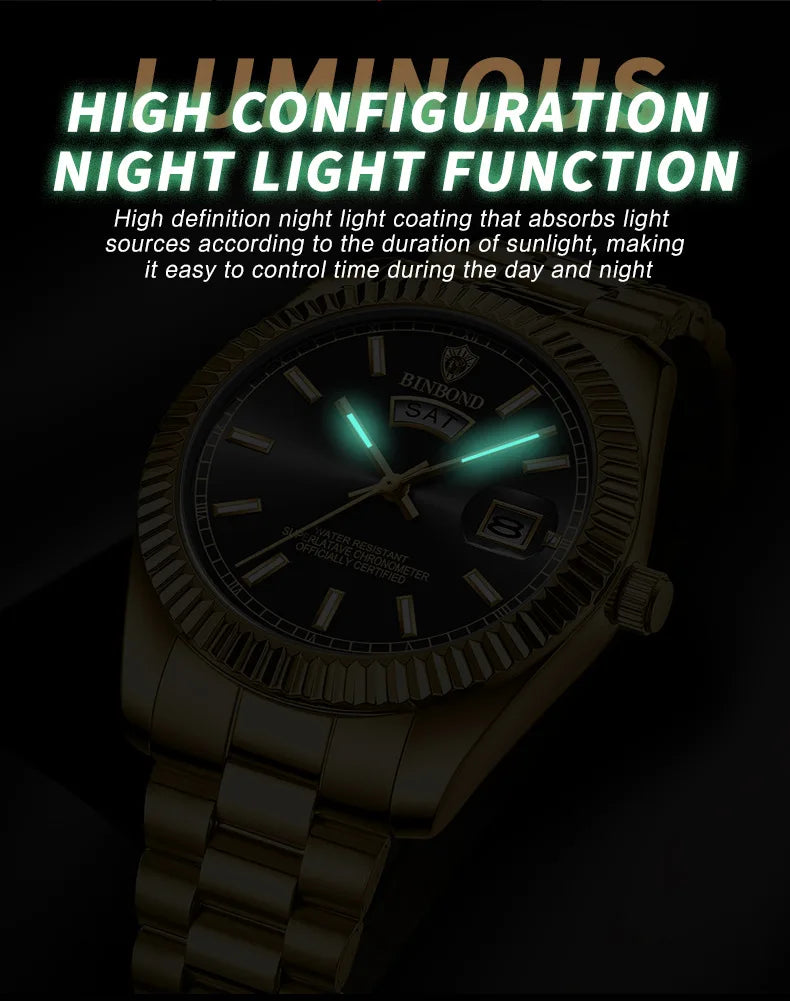 BINBOND Mens Quartz Watch Top Brand Sports Quartz Mens Watches Stainless Steel Waterproof Date Week Wristwatch Men Relogio