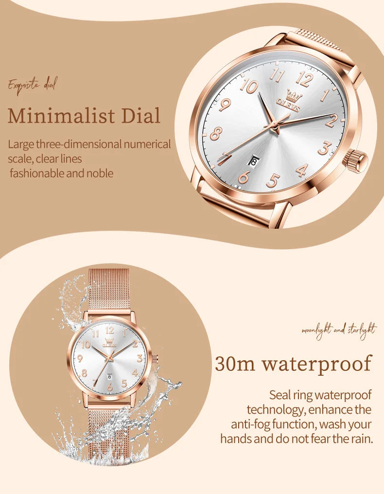 OLEVS New 5653 Women Watch Luxury Brand Quartz Watch Elegant Rose Gold Digital Waterproof Watch HD Simple Bracelet Women Watch