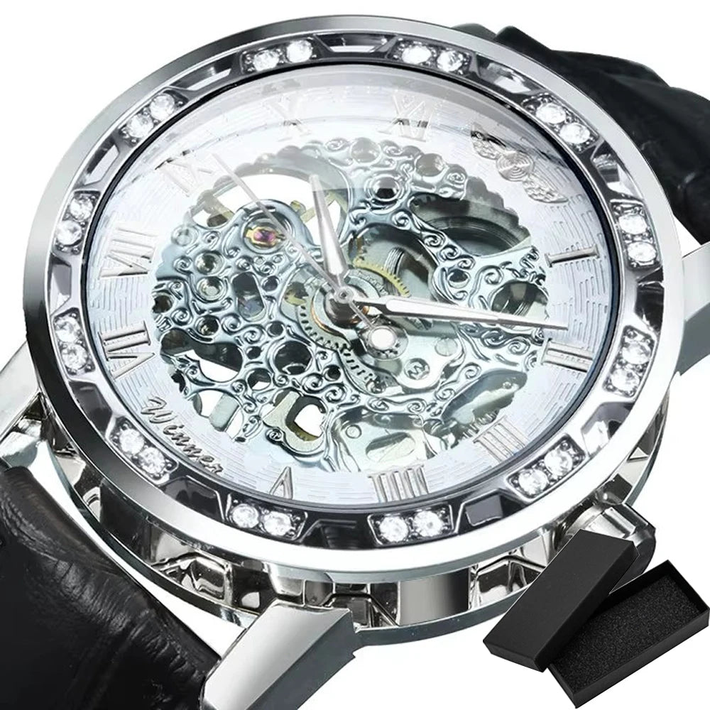 Fashion Top Brand Winner Mechanical Watch For Women Luxury Watches Diamond Skeleton Dial Leather Strap Unisex Size Wristwatches