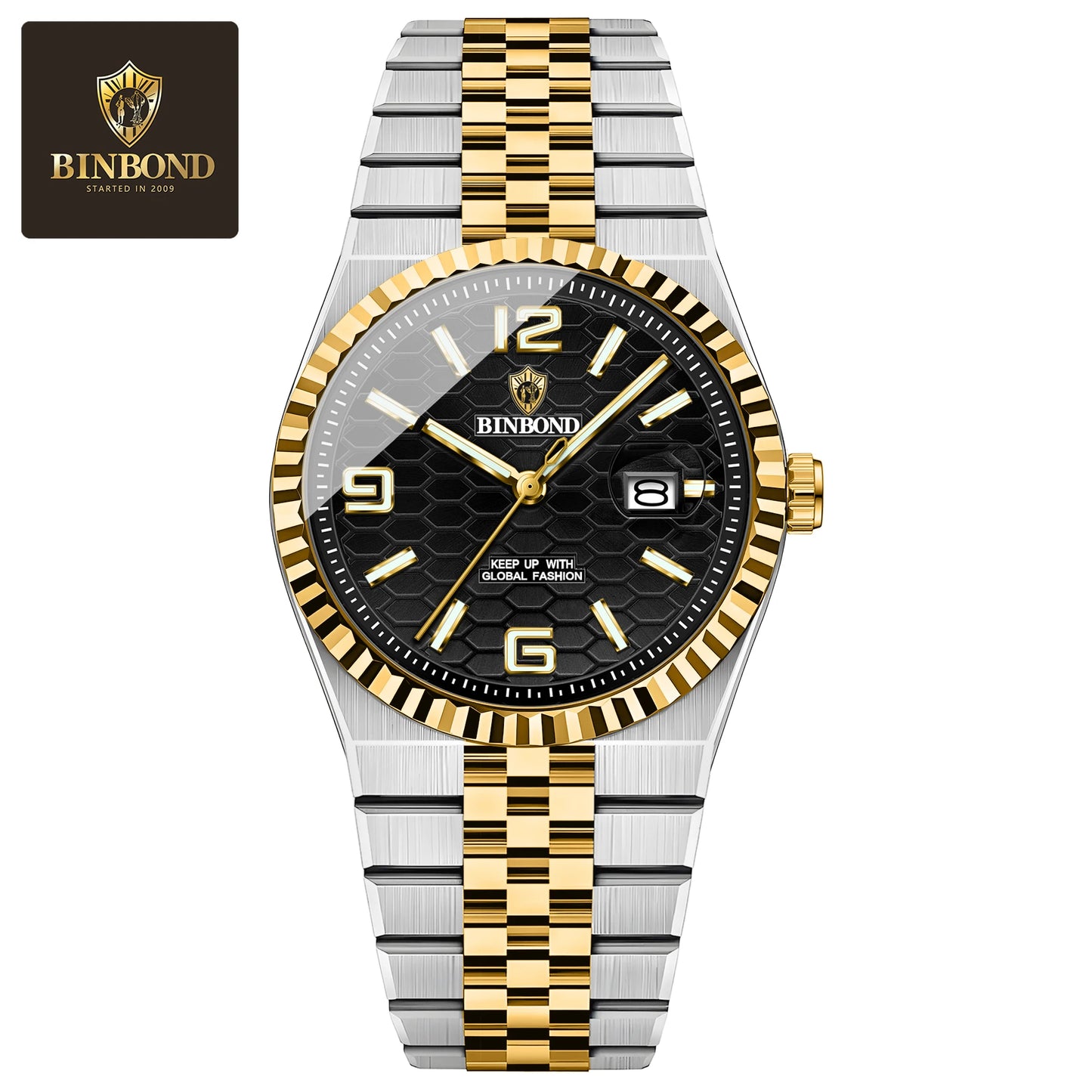 BINBOND Top Brand Luxury Men Quartz Watches Original Watch for Man Waterproof Luminous Date Week Stainless Steel Wristwatch Male