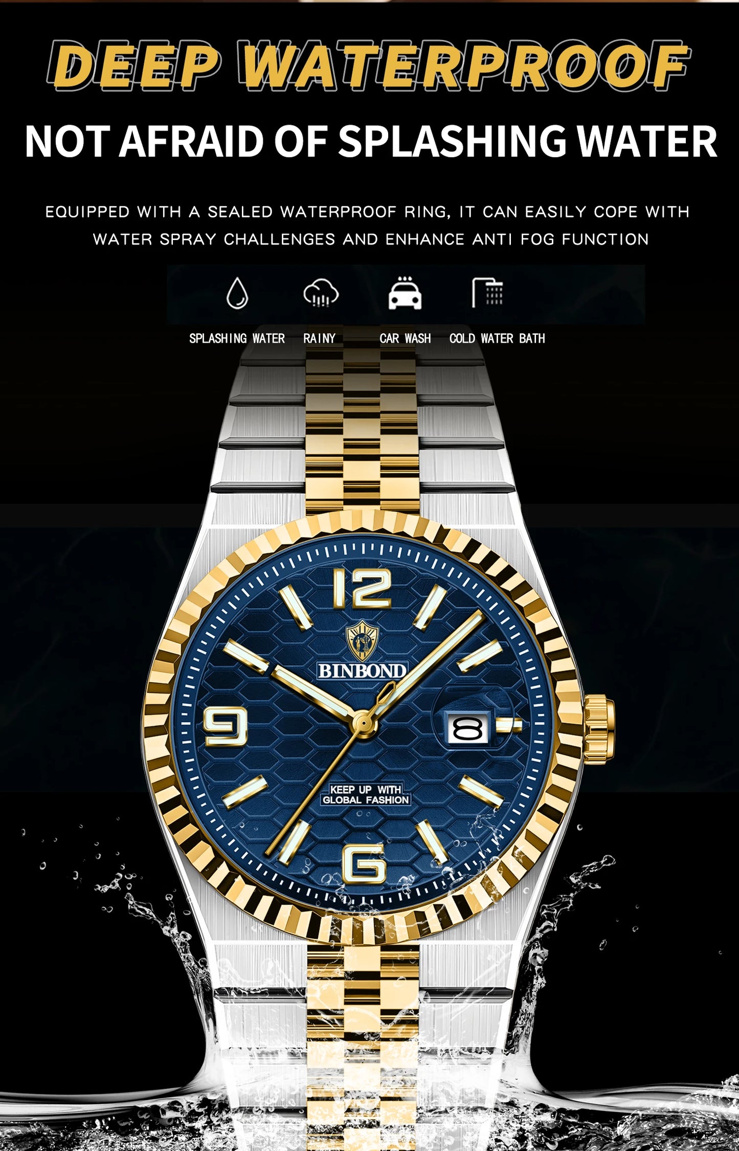 BINBOND Top Brand Luxury Men Quartz Watches Original Watch for Man Waterproof Luminous Date Week Stainless Steel Wristwatch Male