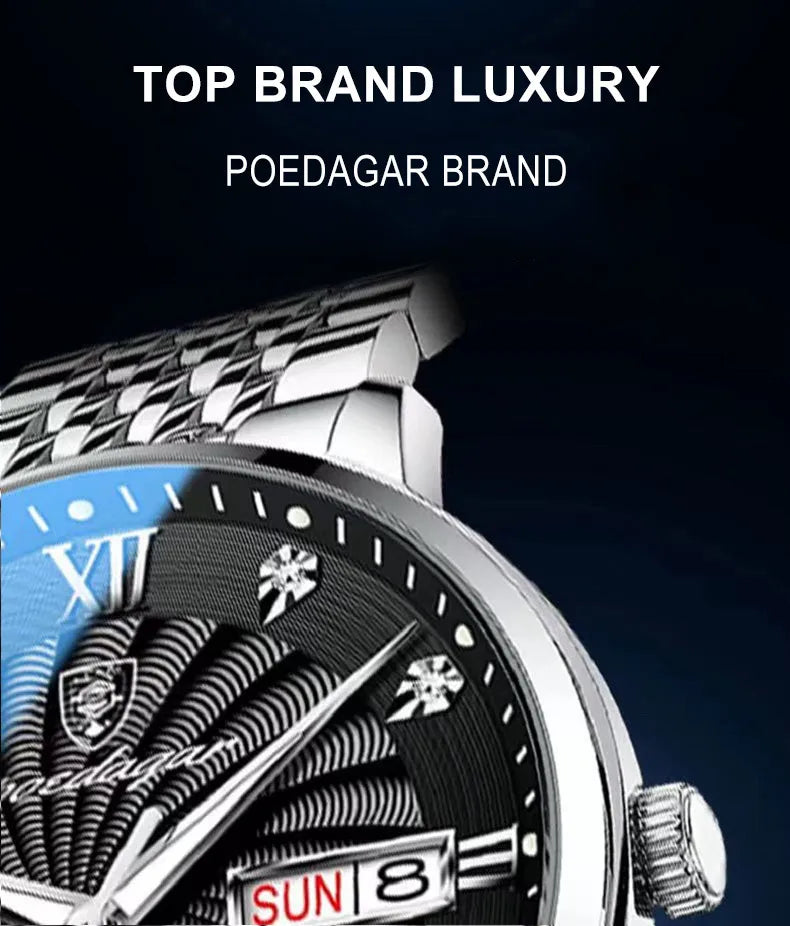 POEDAGAR Luxury Brand Man Watch Waterproof Luminous Date Week Men's Quartz Wristwatch Stainless Steel Fashion Sports Men Watches