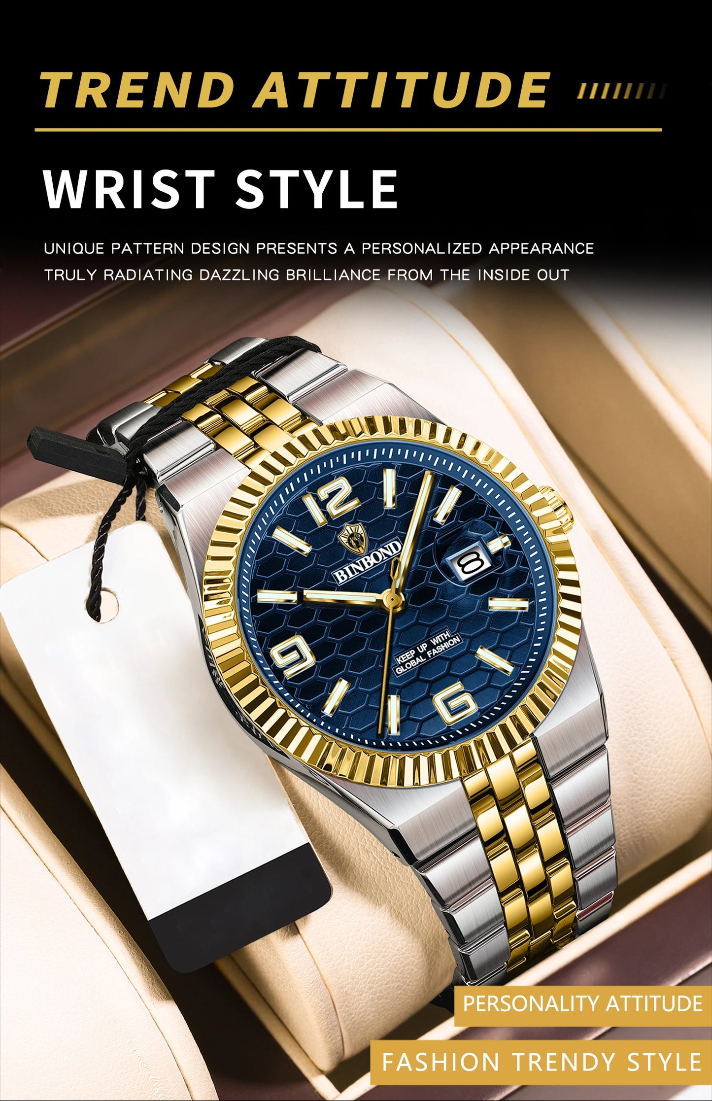BINBOND Top Brand Luxury Men Quartz Watches Original Watch for Man Waterproof Luminous Date Week Stainless Steel Wristwatch Male