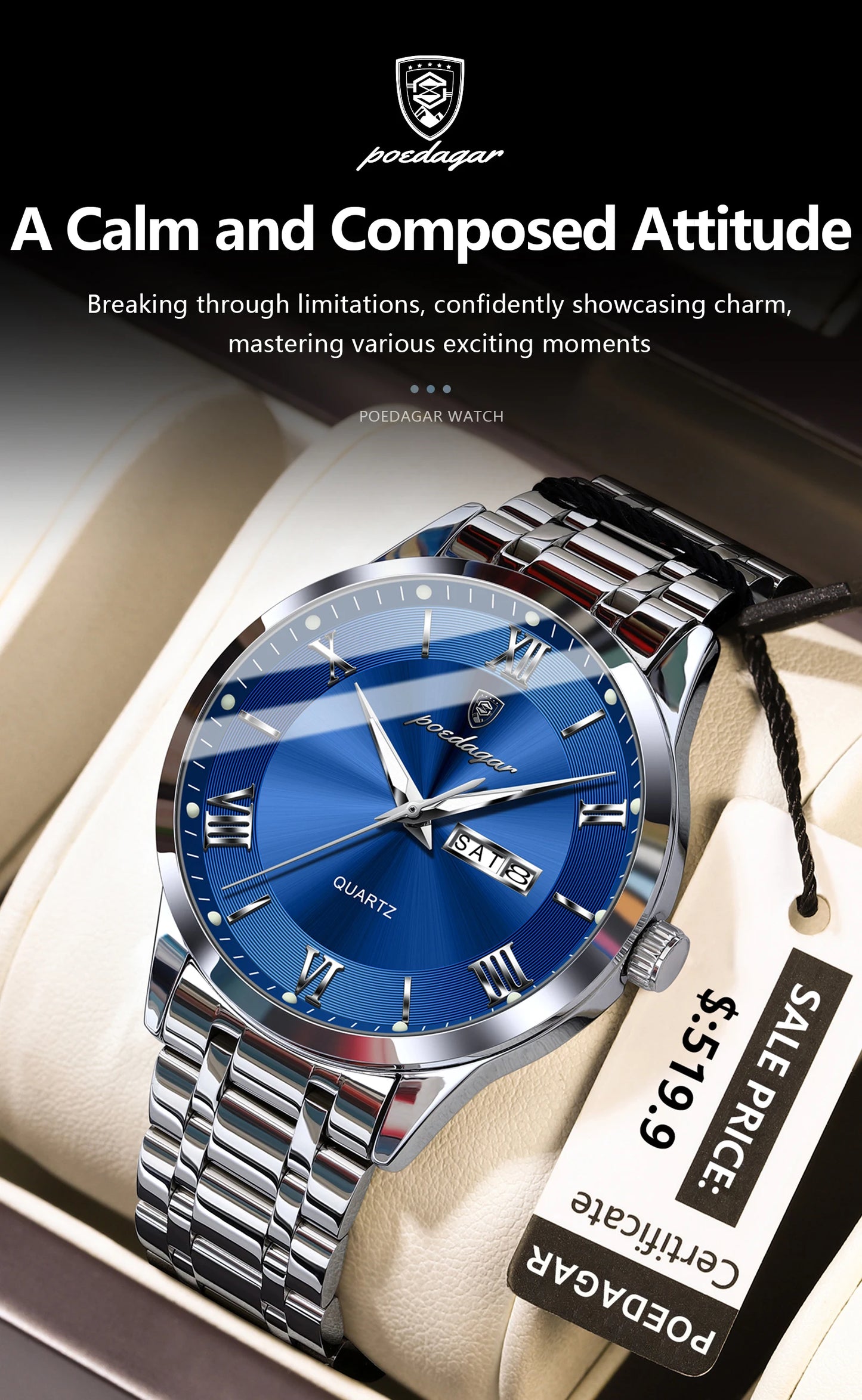 POEDAGAR Luxury Casual Watch For Man Date Week Waterproof Luminous Stainless Steel Men Watch Sport Quartz Men's Watches Male+Box