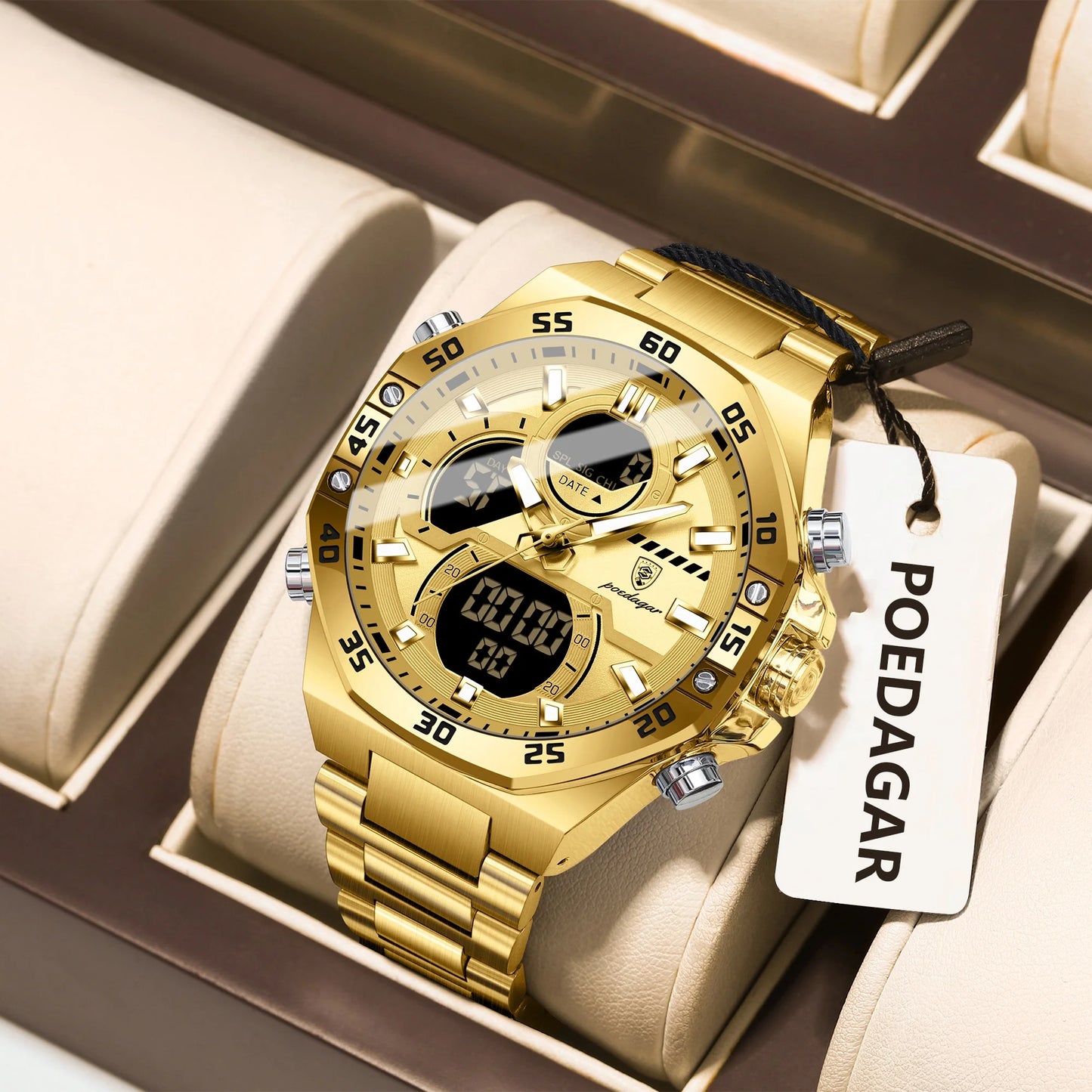 POEDAGAR Original Sports Men Wristwatch Week Date Waterproof LED Quartz Man Watch Stainless Steel Military Digital Men's Watches