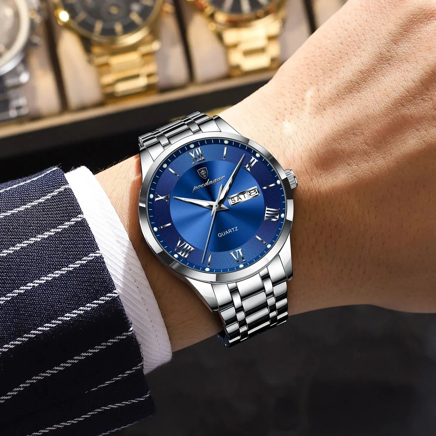 POEDAGAR Luxury Casual Watch For Man Date Week Waterproof Luminous Stainless Steel Men Watch Sport Quartz Men's Watches Male+Box