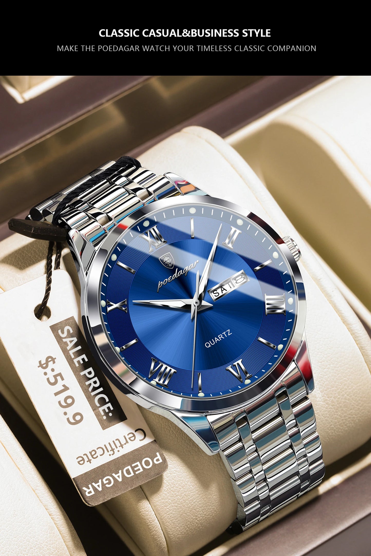 POEDAGAR Luxury Casual Watch For Man Date Week Waterproof Luminous Stainless Steel Men Watch Sport Quartz Men's Watches Male+Box