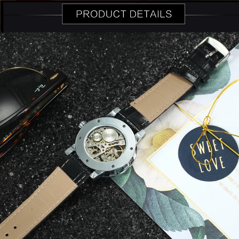 Fashion Top Brand Winner Mechanical Watch For Women Luxury Watches Diamond Skeleton Dial Leather Strap Unisex Size Wristwatches