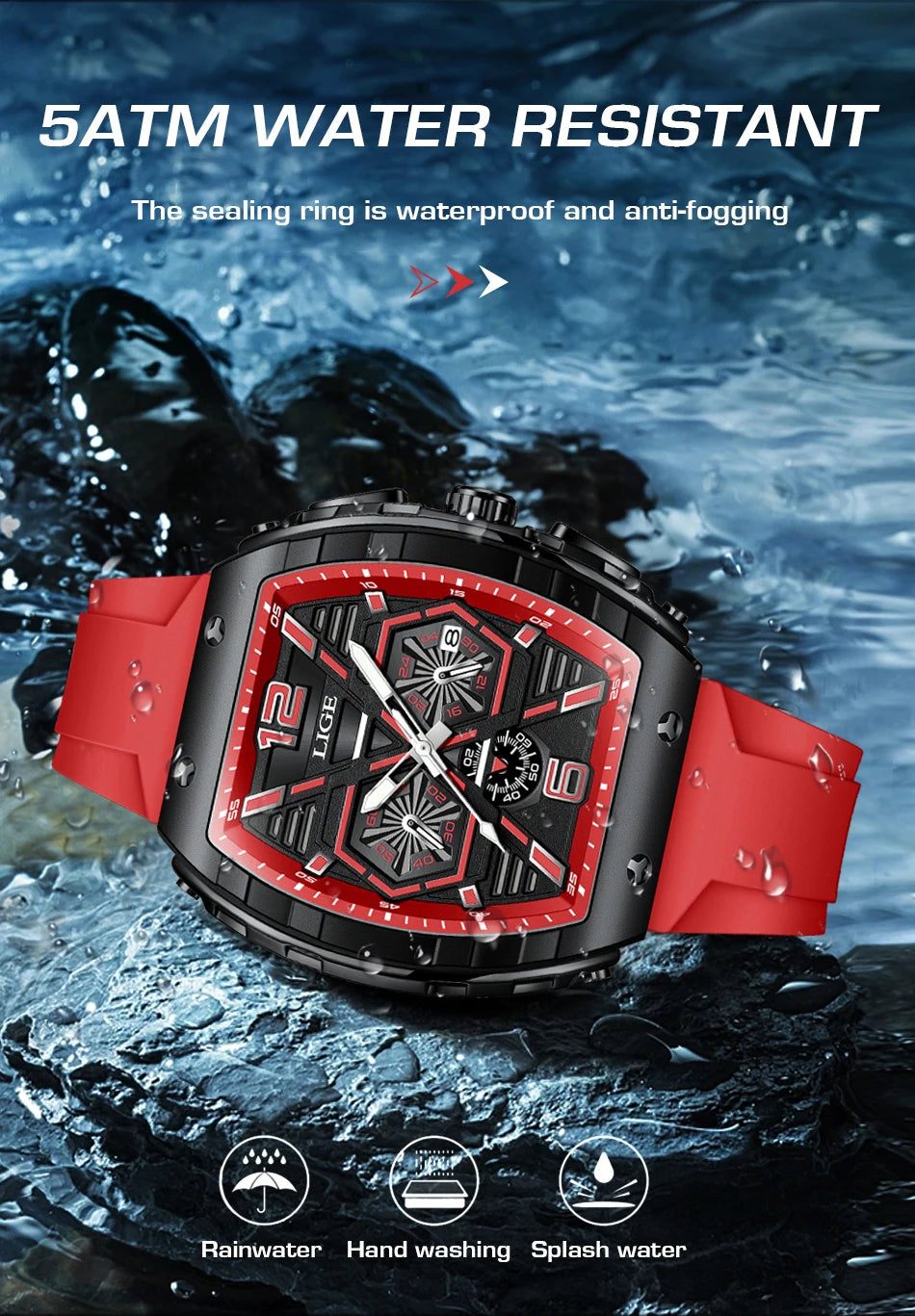 LIGE Men Watch Fashion Luxury Waterproof Quartz Wristwatch Luminous Casual Sports Silicone Strap Clock Auto Date Man Watches+Box