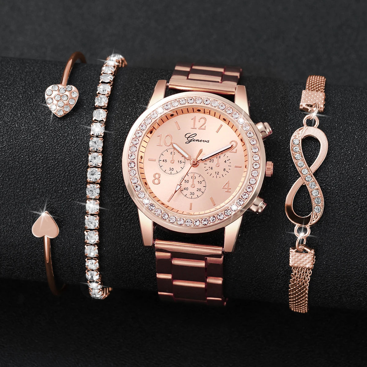 4PCS/Set Fashion Rhinestone Women Watches Luxury Steel Band Ladies Quartz Watch Bracelets Set Reloj Mujer(Without Box)
