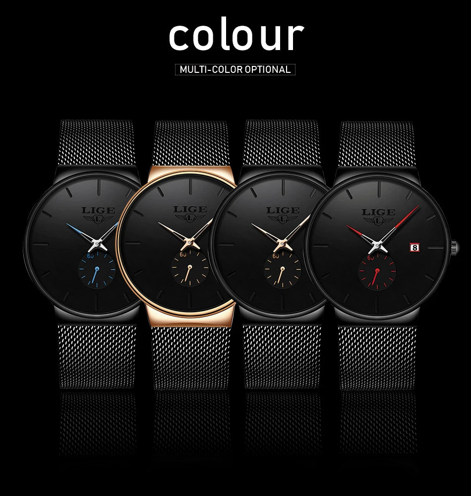 LIGE Fashion Mens Watches Top Brand Luxury Quartz Watch Men Casual Slim Mesh Steel Waterproof Sport Watch Relogio Masculino