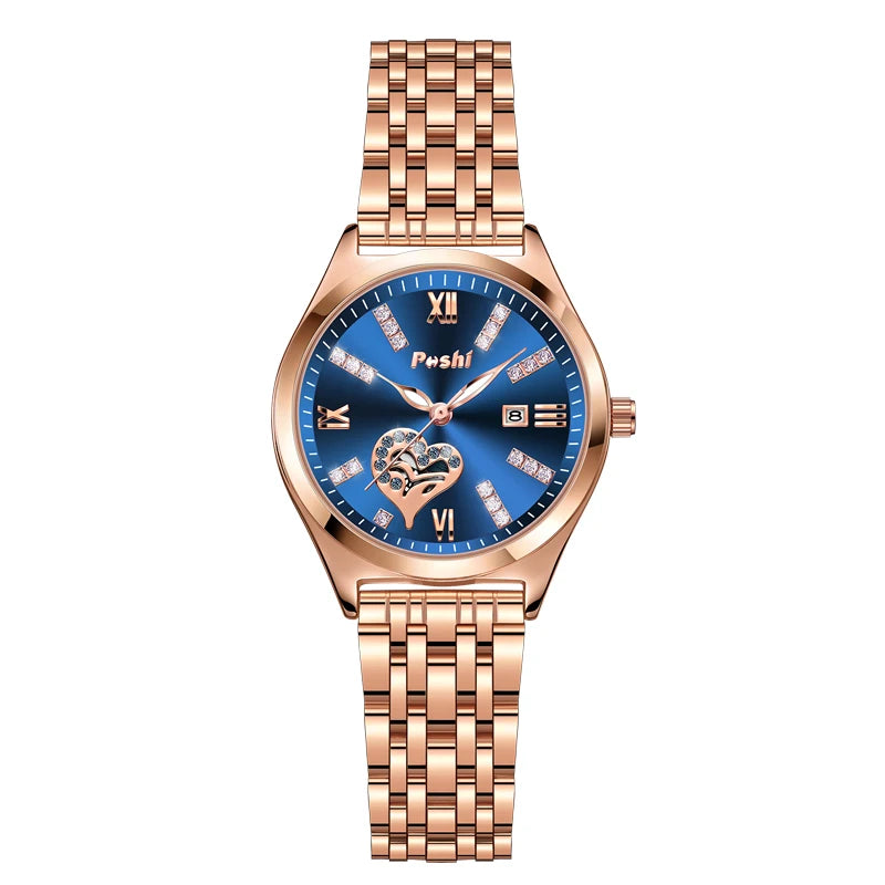 POSHI Women Watches Fashion Stainless Steel Date Ladies Wristwatch Waterproof Quarzt Watch Girlfriend Gift Relogio Feminino