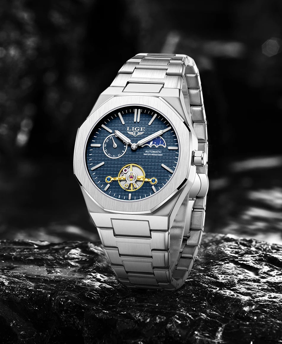 LIGE 2025 New Mechanical Watches Men Fashion Luxury Automatic Mens Watch Waterproof Luminous Tourbillon Wristwatch Reloj Hombre