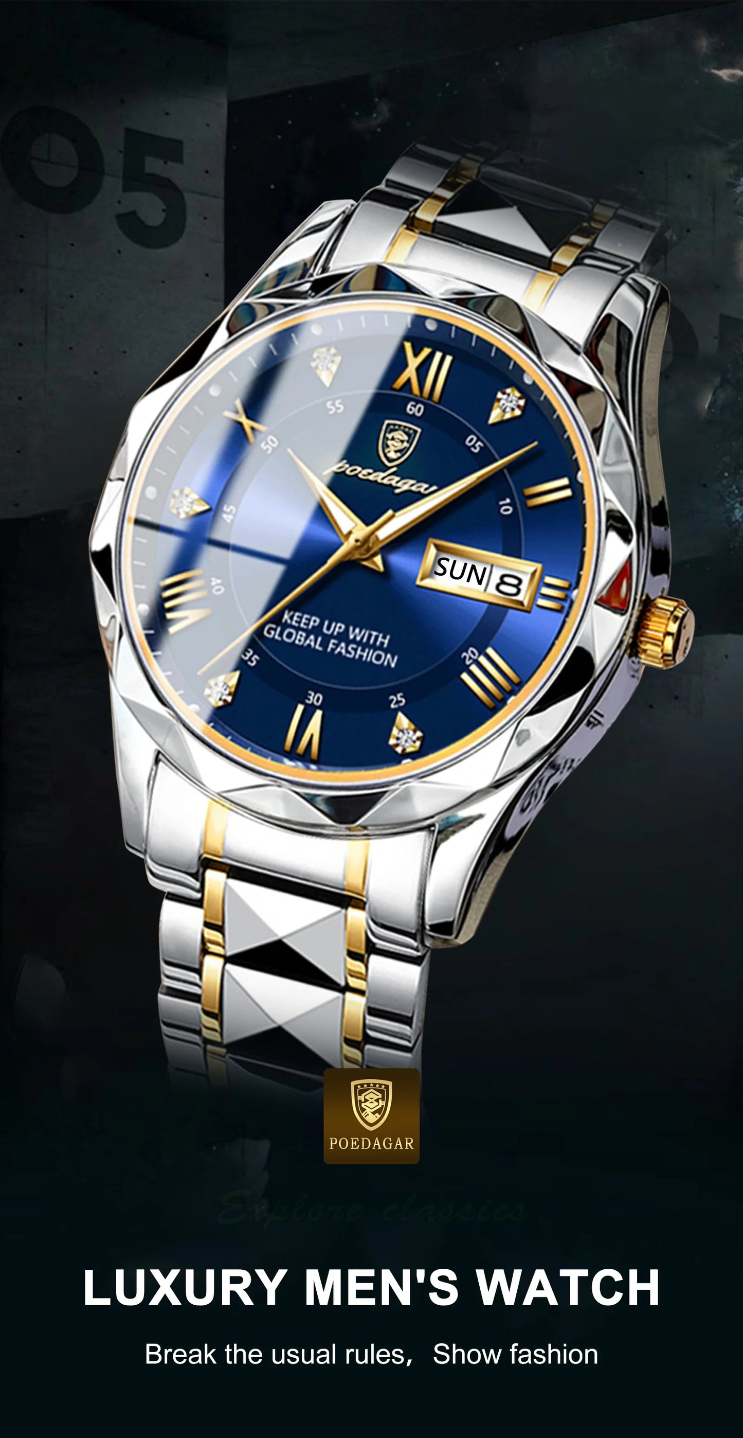 POEDAGAR Top Brand Luxury Men's Watches Waterproof Luminous Calendar Week Watch For Man Casual Stainless Steel Quartz Men Watch
