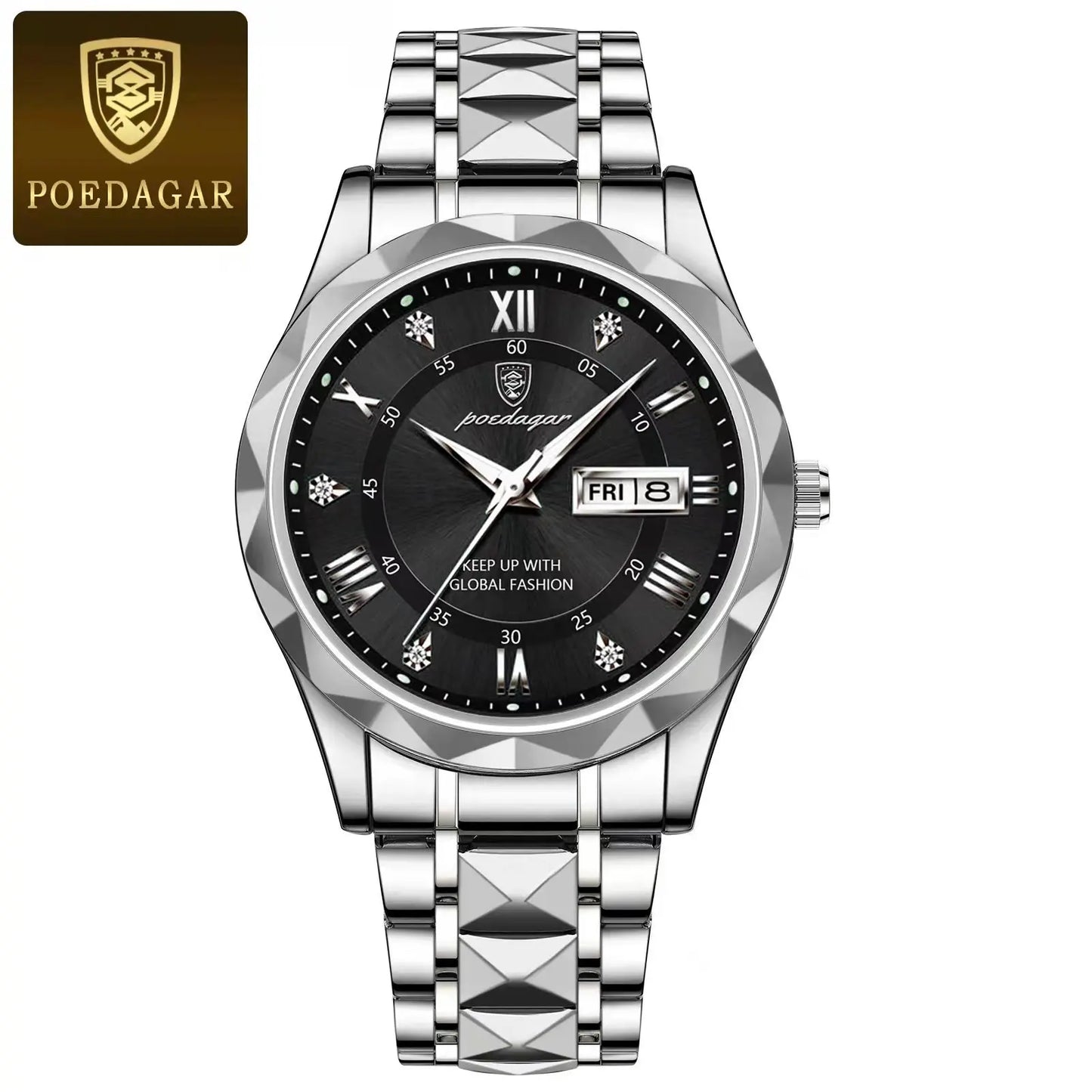 POEDAGAR Top Brand Luxury Men's Watches Waterproof Luminous Calendar Week Watch For Man Casual Stainless Steel Quartz Men Watch