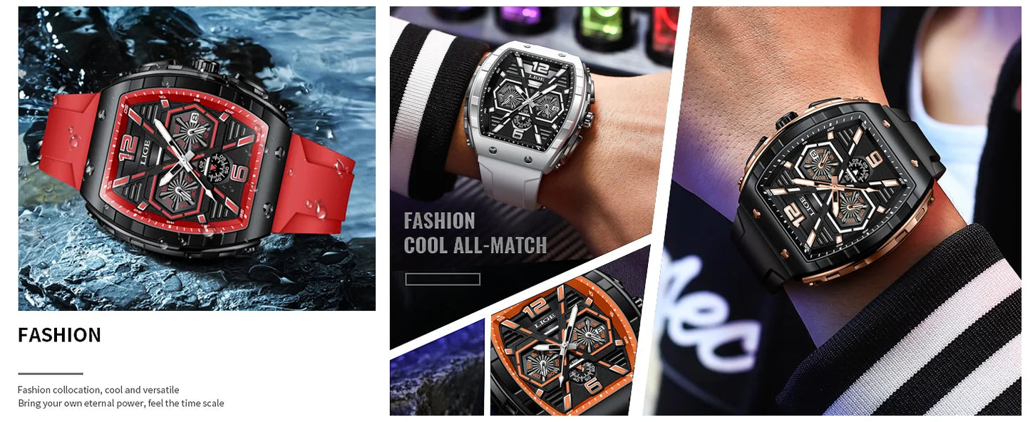 LIGE Men Watch Fashion Luxury Waterproof Quartz Wristwatch Luminous Casual Sports Silicone Strap Clock Auto Date Man Watches+Box