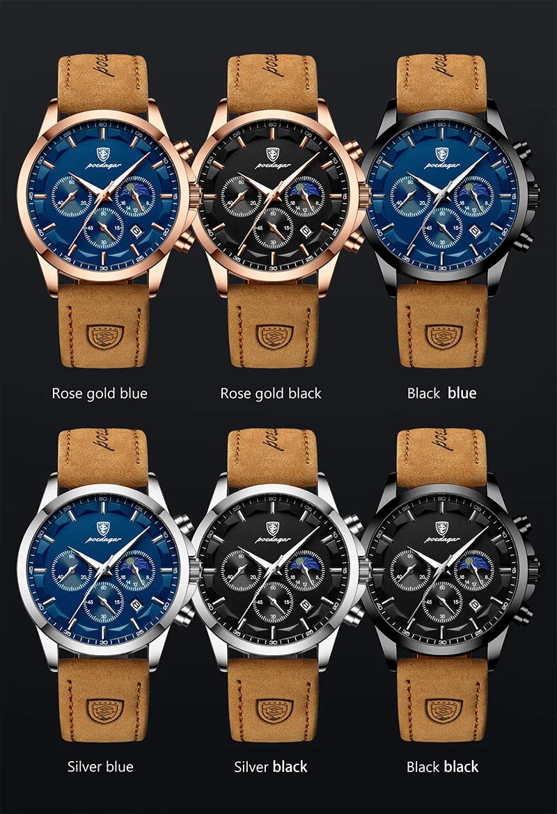 POEDAGAR Genuine Leather Men's Watch Fashion Luminous Calendar Stopwatch Male Clock Waterproof Moon Phase Quartz Wristwatch Man