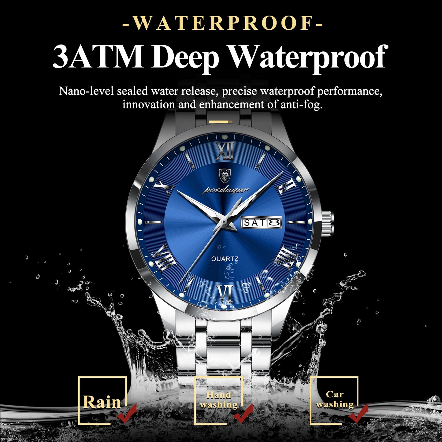 POEDAGAR Luxury Casual Watch For Man Date Week Waterproof Luminous Stainless Steel Men Watch Sport Quartz Men's Watches Male+Box