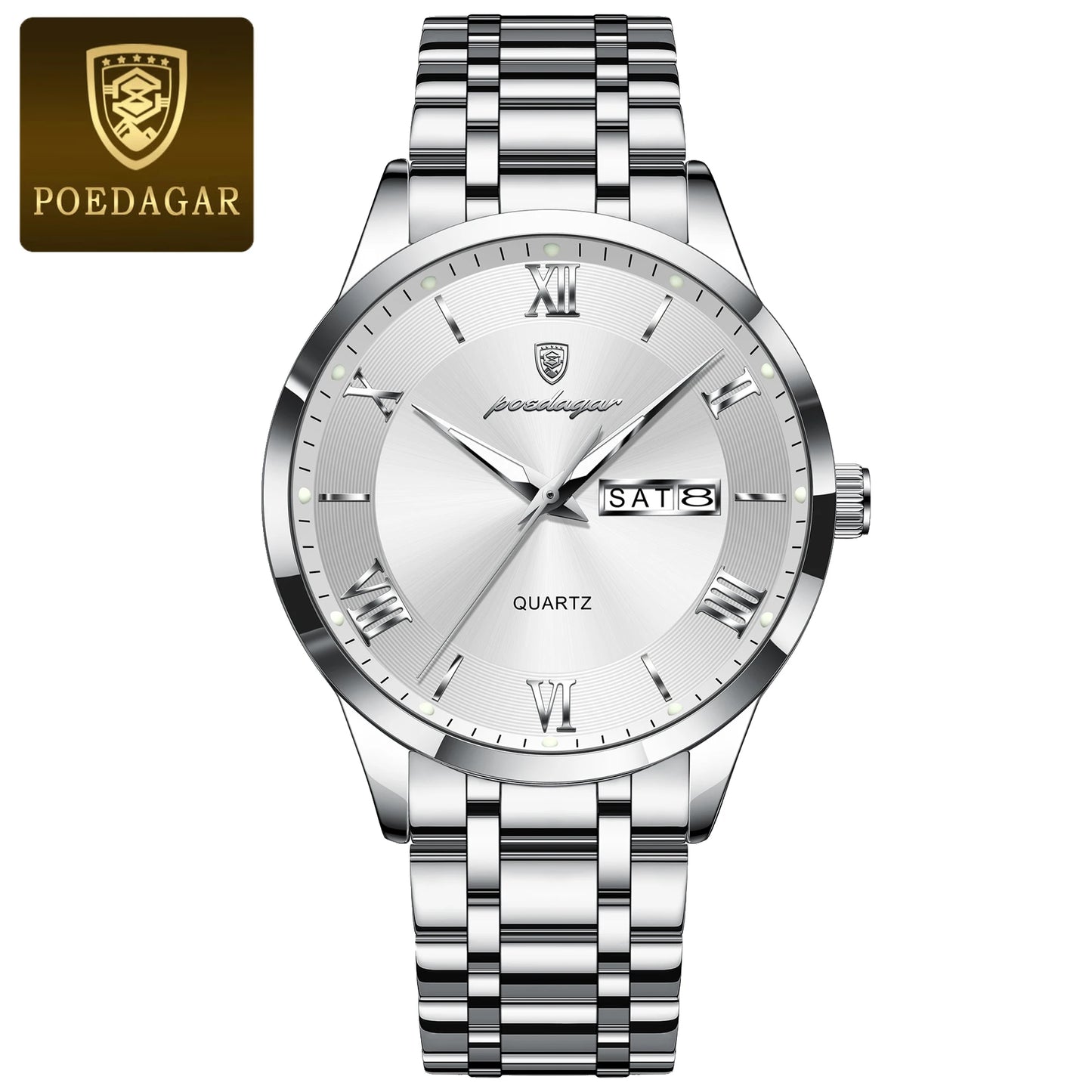 POEDAGAR Luxury Casual Watch For Man Date Week Waterproof Luminous Stainless Steel Men Watch Sport Quartz Men's Watches Male+Box