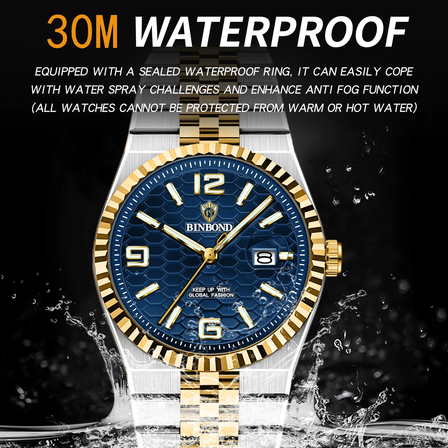 BINBOND Top Brand Luxury Men Quartz Watches Original Watch for Man Waterproof Luminous Date Week Stainless Steel Wristwatch Male