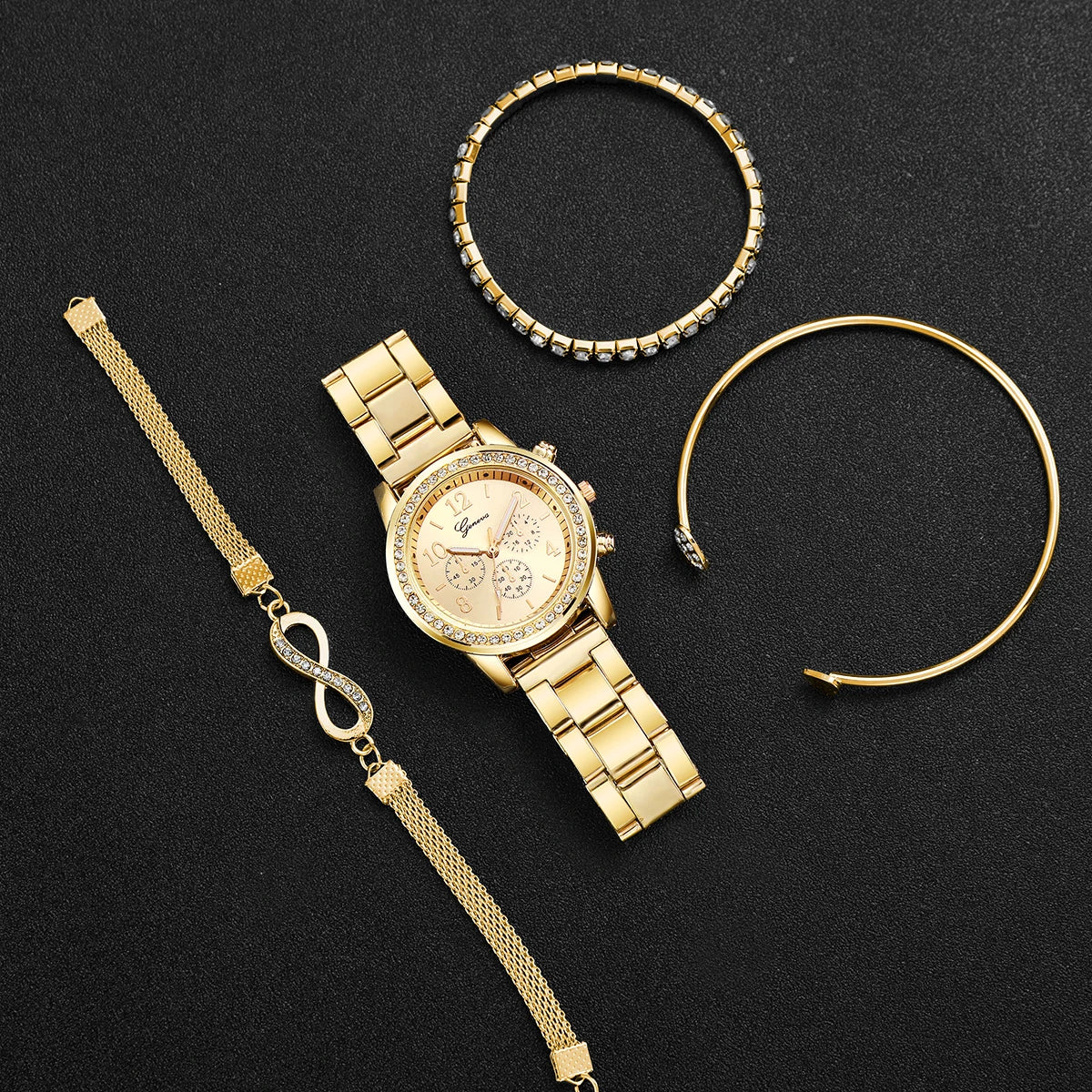 4PCS/Set Fashion Rhinestone Women Watches Luxury Steel Band Ladies Quartz Watch Bracelets Set Reloj Mujer(Without Box)