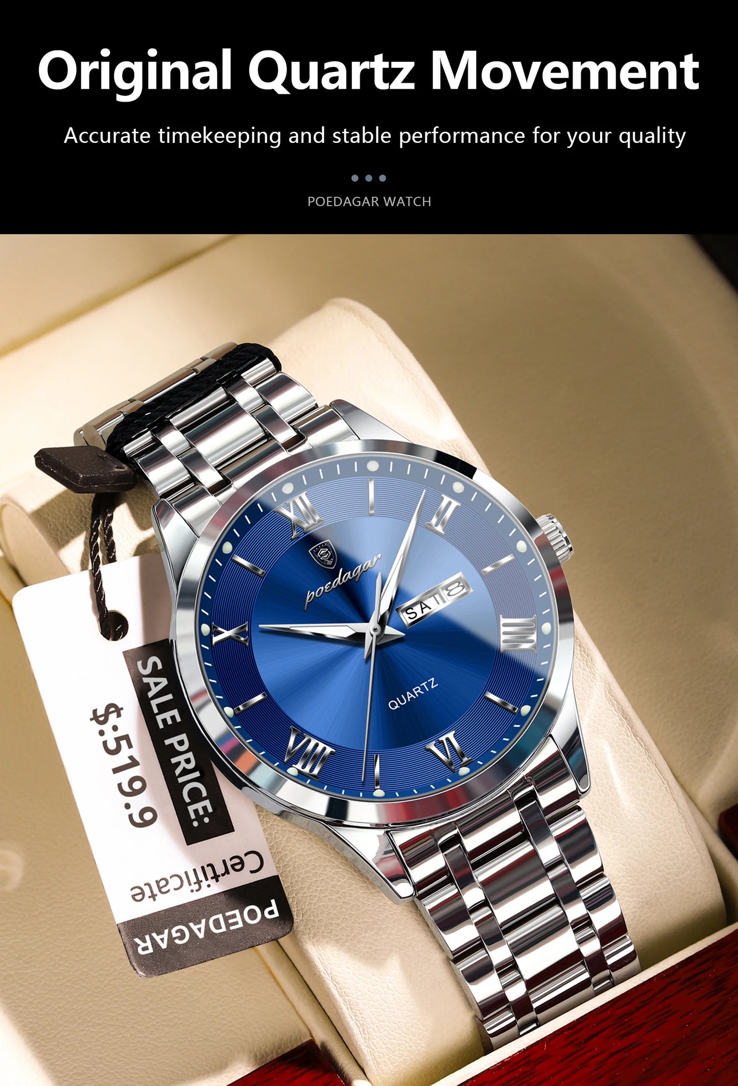 POEDAGAR Luxury Casual Watch For Man Date Week Waterproof Luminous Stainless Steel Men Watch Sport Quartz Men's Watches Male+Box