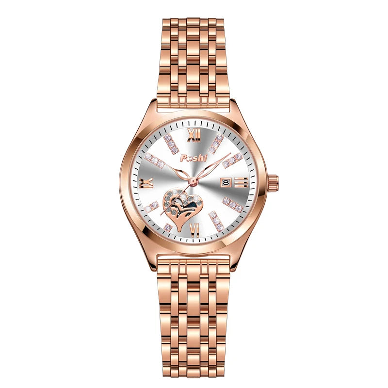 POSHI Women Watches Fashion Stainless Steel Date Ladies Wristwatch Waterproof Quarzt Watch Girlfriend Gift Relogio Feminino