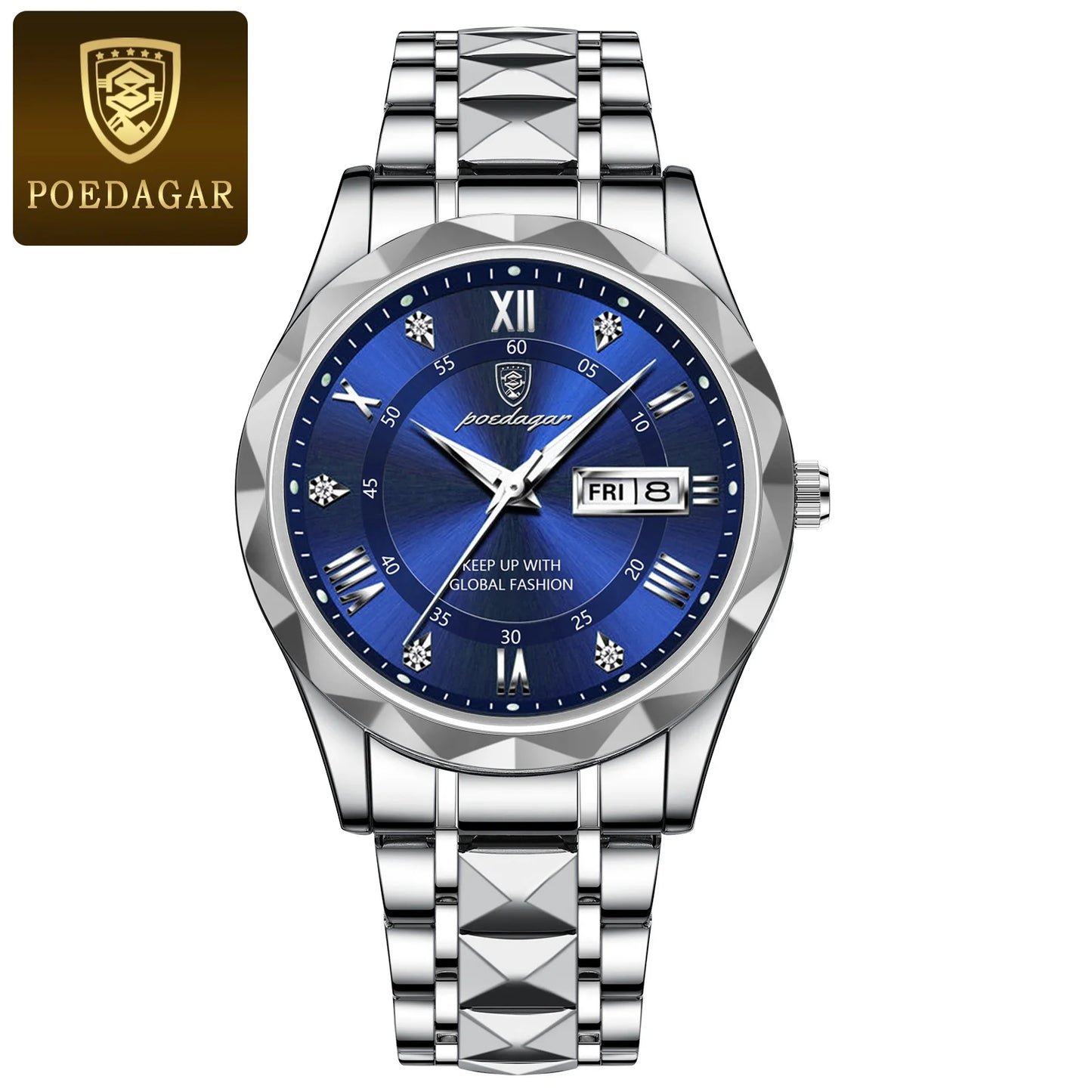 POEDAGAR Top Brand Luxury Men's Watches Waterproof Luminous Calendar Week Watch For Man Casual Stainless Steel Quartz Men Watch