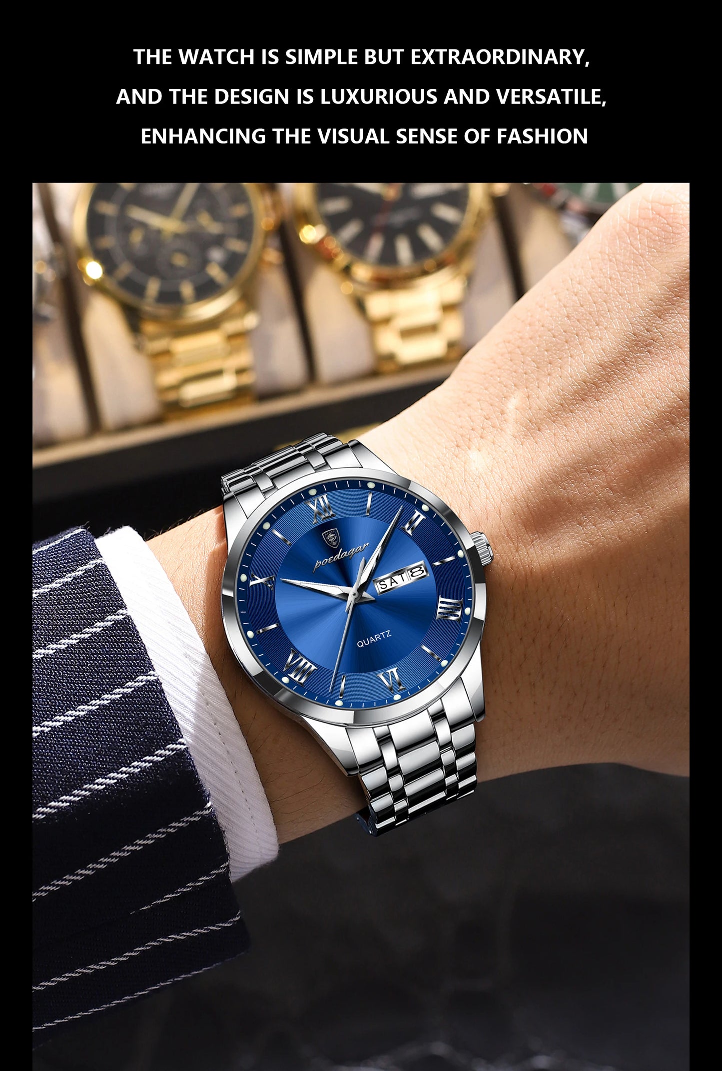POEDAGAR Luxury Casual Watch For Man Date Week Waterproof Luminous Stainless Steel Men Watch Sport Quartz Men's Watches Male+Box