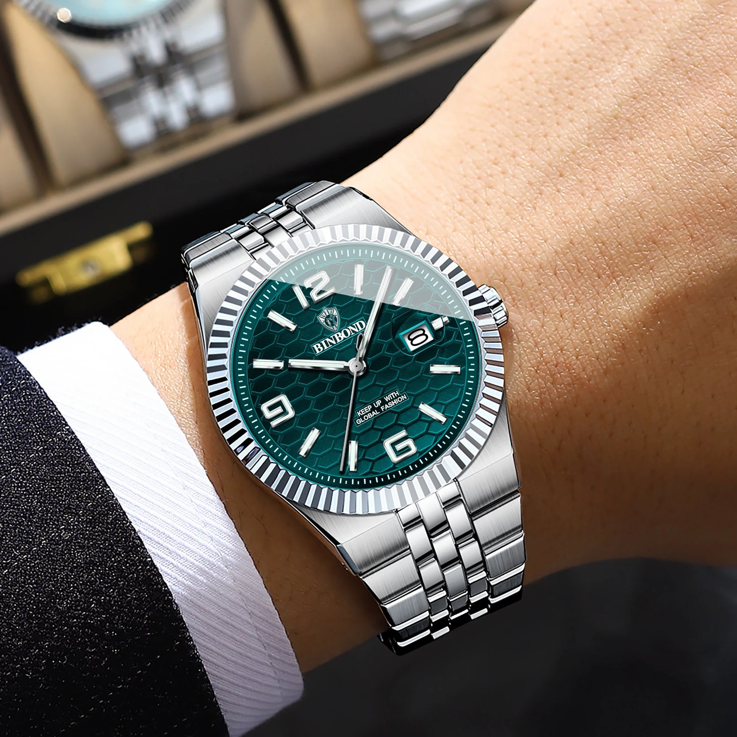 BINBOND Top Brand Luxury Men Quartz Watches Original Watch for Man Waterproof Luminous Date Week Stainless Steel Wristwatch Male