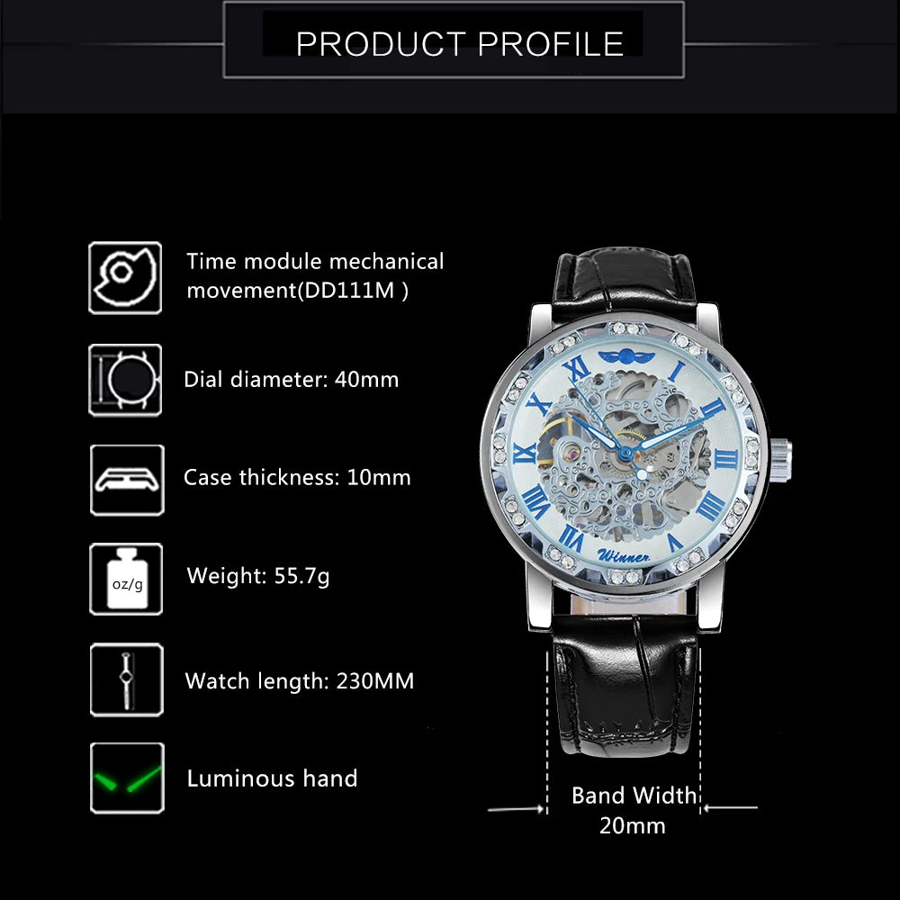 Fashion Top Brand Winner Mechanical Watch For Women Luxury Watches Diamond Skeleton Dial Leather Strap Unisex Size Wristwatches