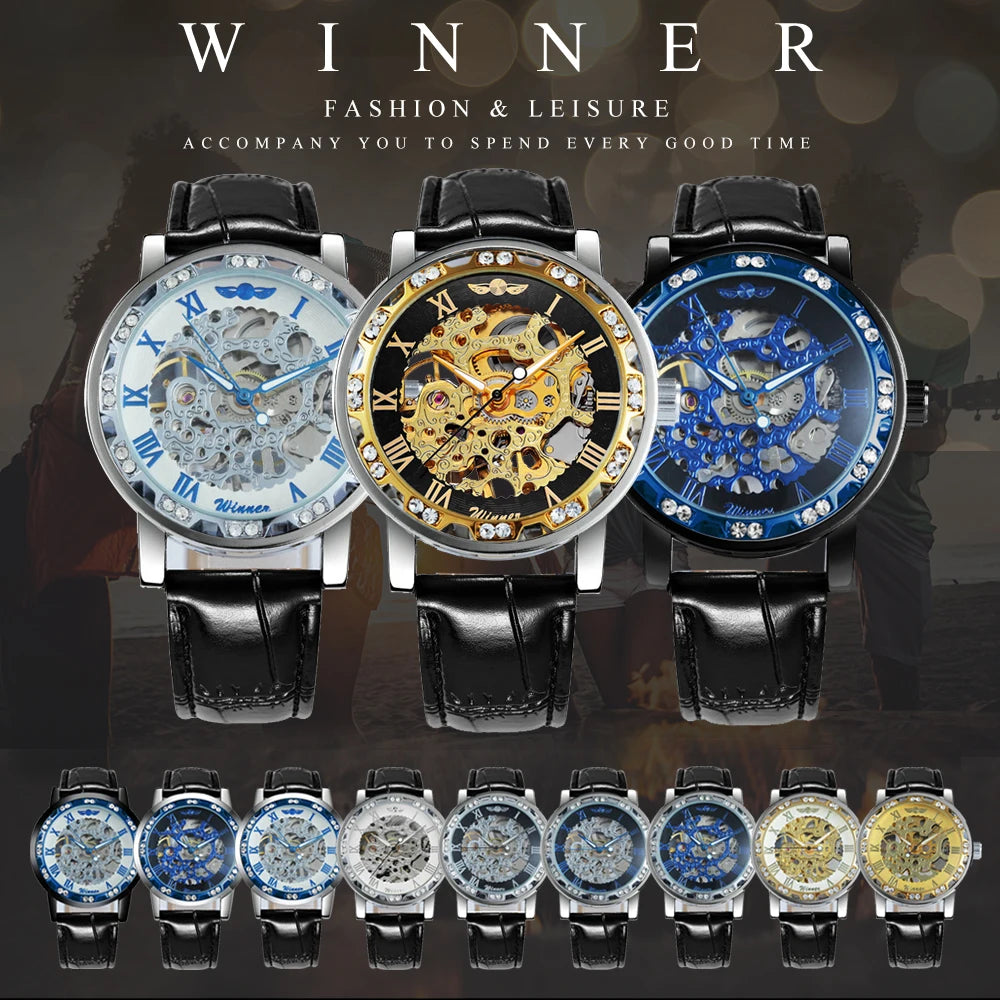 Fashion Top Brand Winner Mechanical Watch For Women Luxury Watches Diamond Skeleton Dial Leather Strap Unisex Size Wristwatches