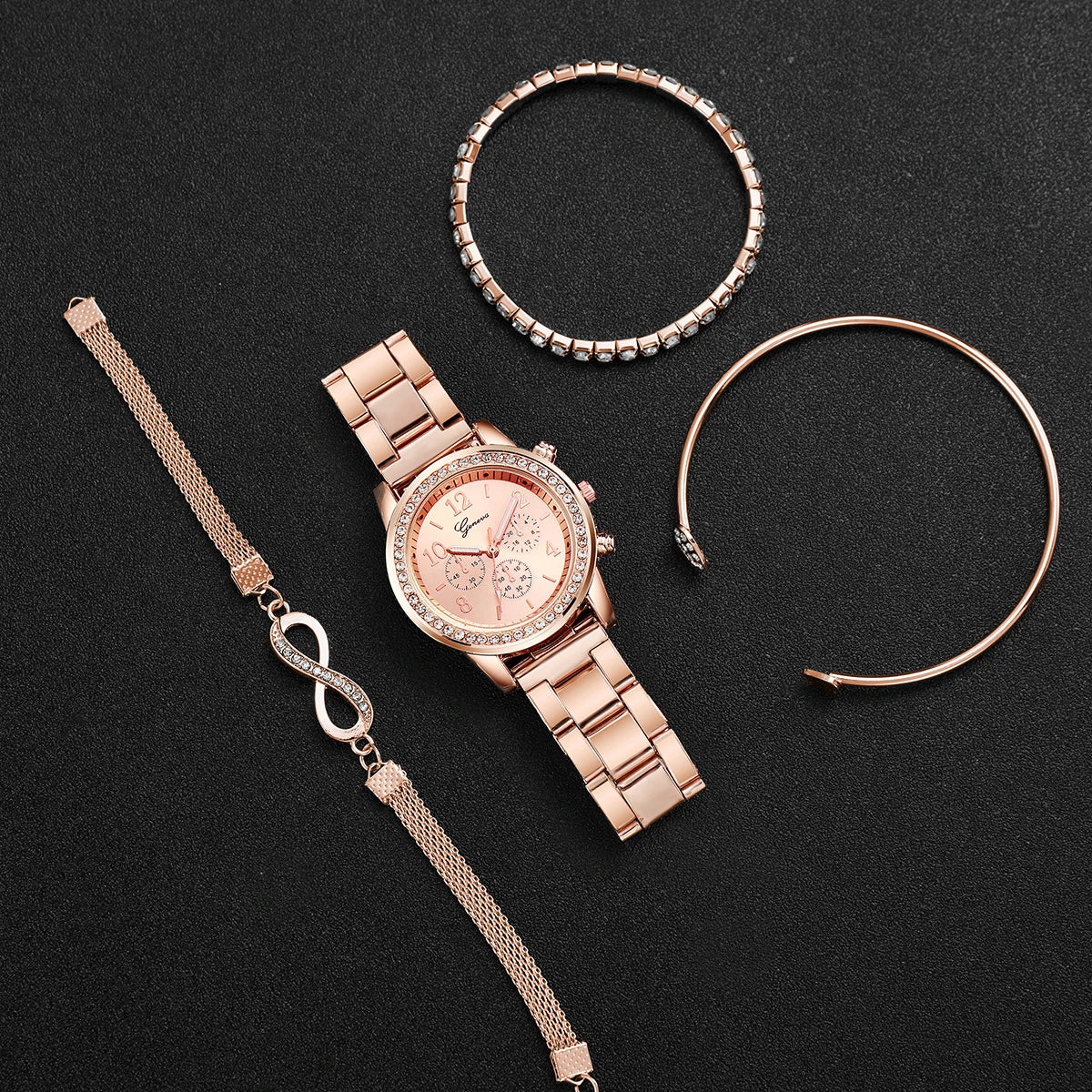 4PCS/Set Fashion Rhinestone Women Watches Luxury Steel Band Ladies Quartz Watch Bracelets Set Reloj Mujer(Without Box)