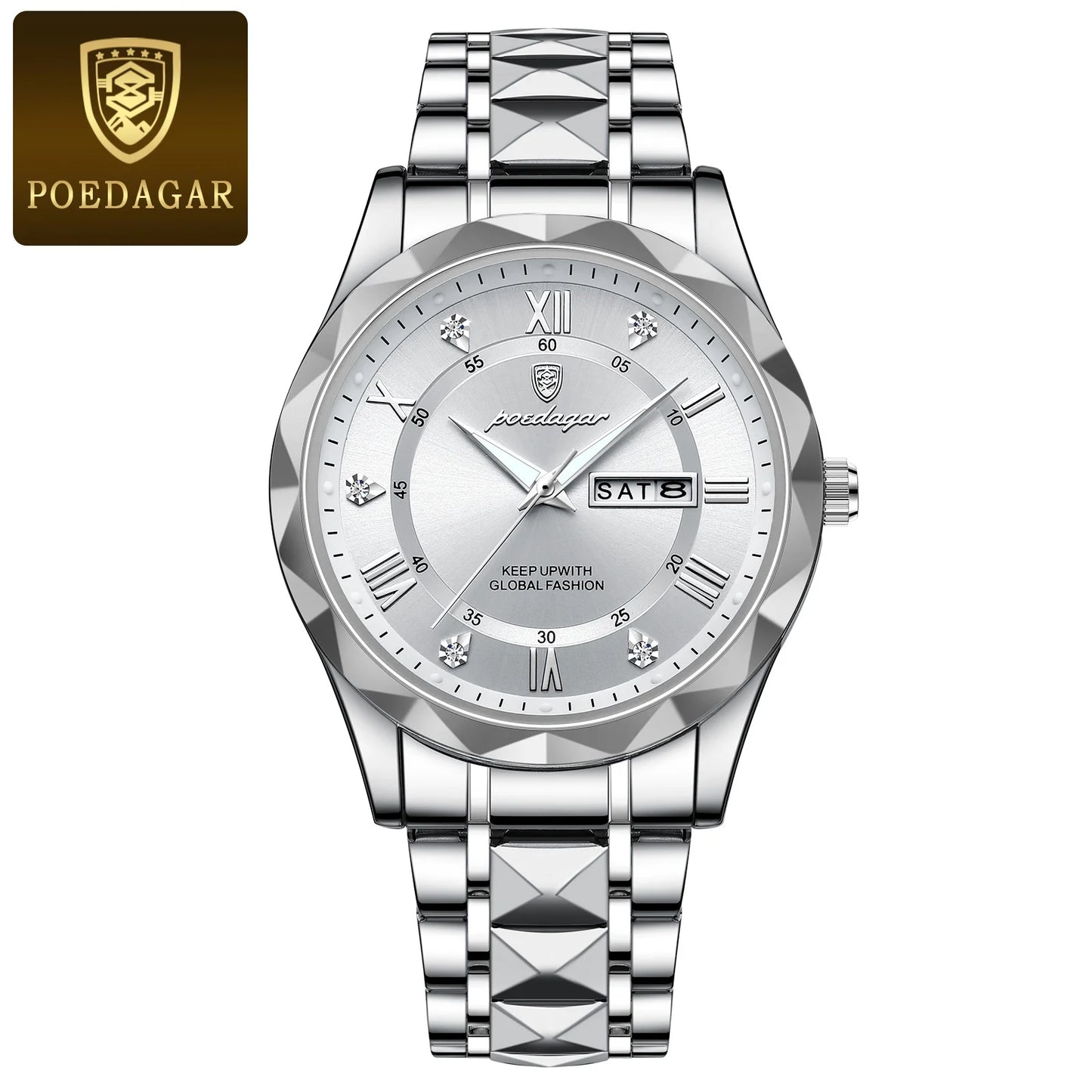 POEDAGAR Top Brand Luxury Men's Watches Waterproof Luminous Calendar Week Watch For Man Casual Stainless Steel Quartz Men Watch