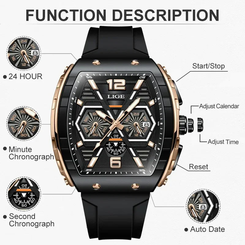 LIGE Men Watch Fashion Luxury Waterproof Quartz Wristwatch Luminous Casual Sports Silicone Strap Clock Auto Date Man Watches+Box