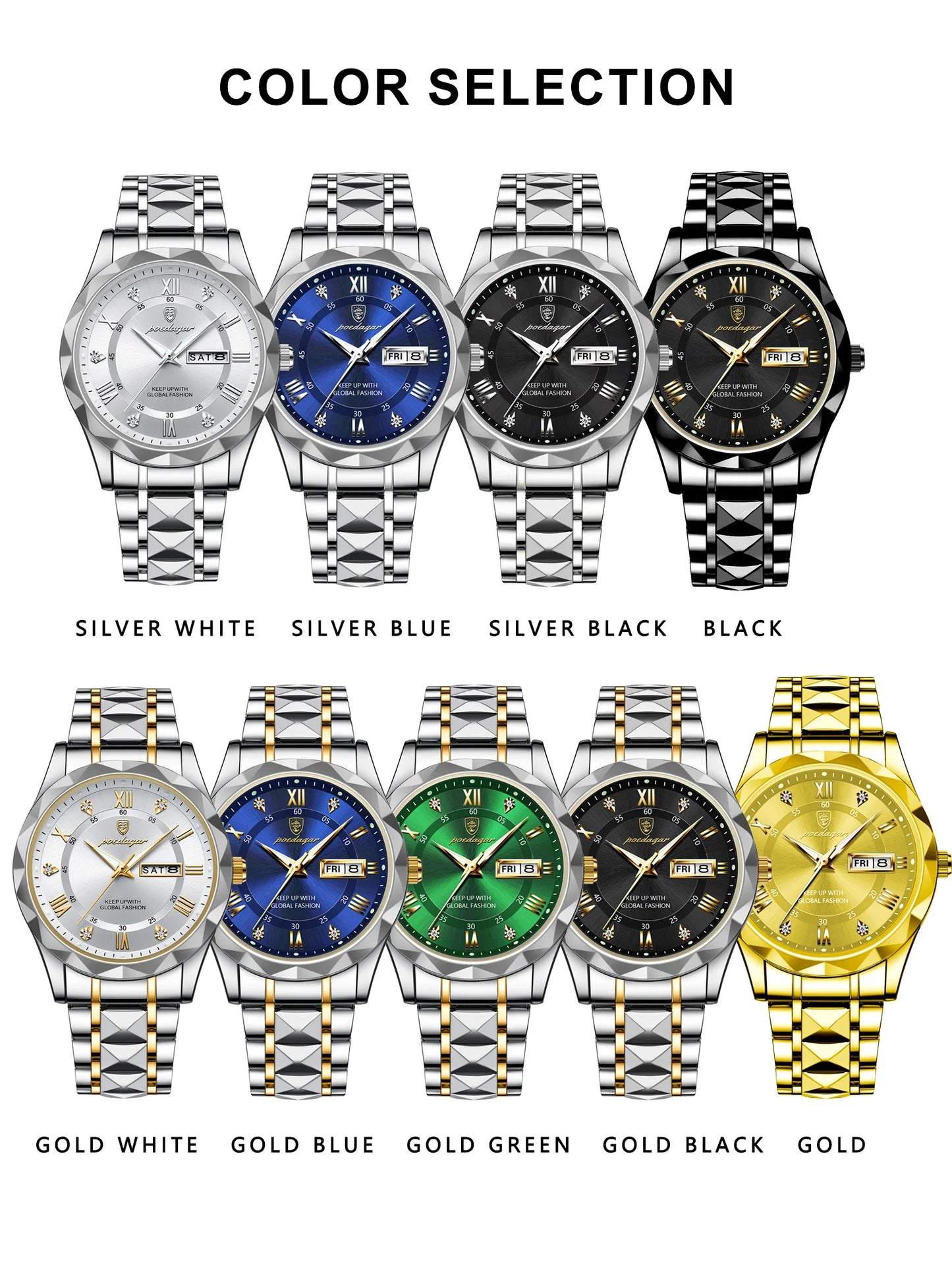 POEDAGAR Top Brand Luxury Men's Watches Waterproof Luminous Calendar Week Watch For Man Casual Stainless Steel Quartz Men Watch