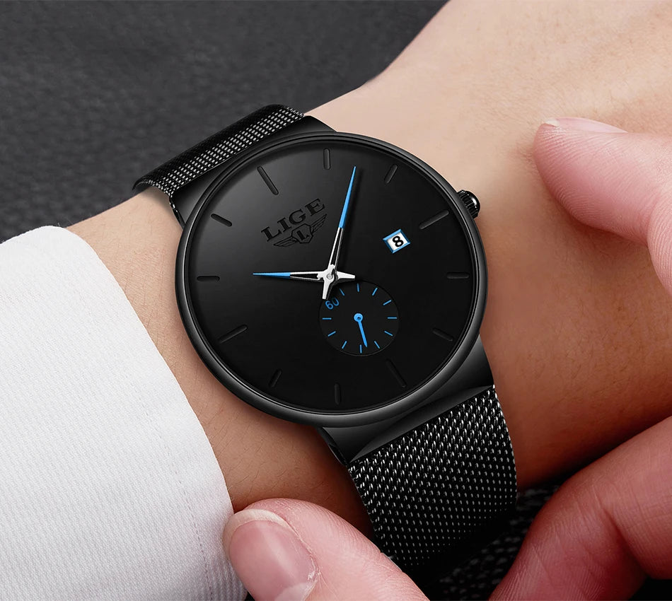LIGE Fashion Mens Watches Top Brand Luxury Quartz Watch Men Casual Slim Mesh Steel Waterproof Sport Watch Relogio Masculino